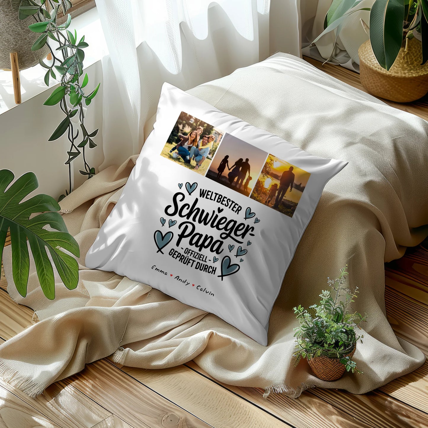 Personalisierte Geschenke für Schwiegerpapa mit Namen Kissen Geschenk Fotocollage Weltbester Schwiegerpapa Offiziell Geprüft Durch
