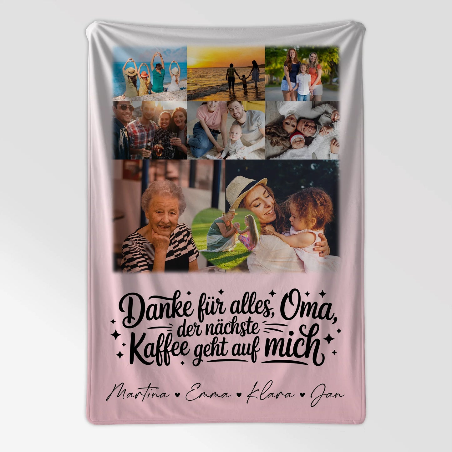Personalisierte Decke für Oma und Opa mit 8 Fotos und Herz Motiv Danke Oma Kaffee geht auf mich 7