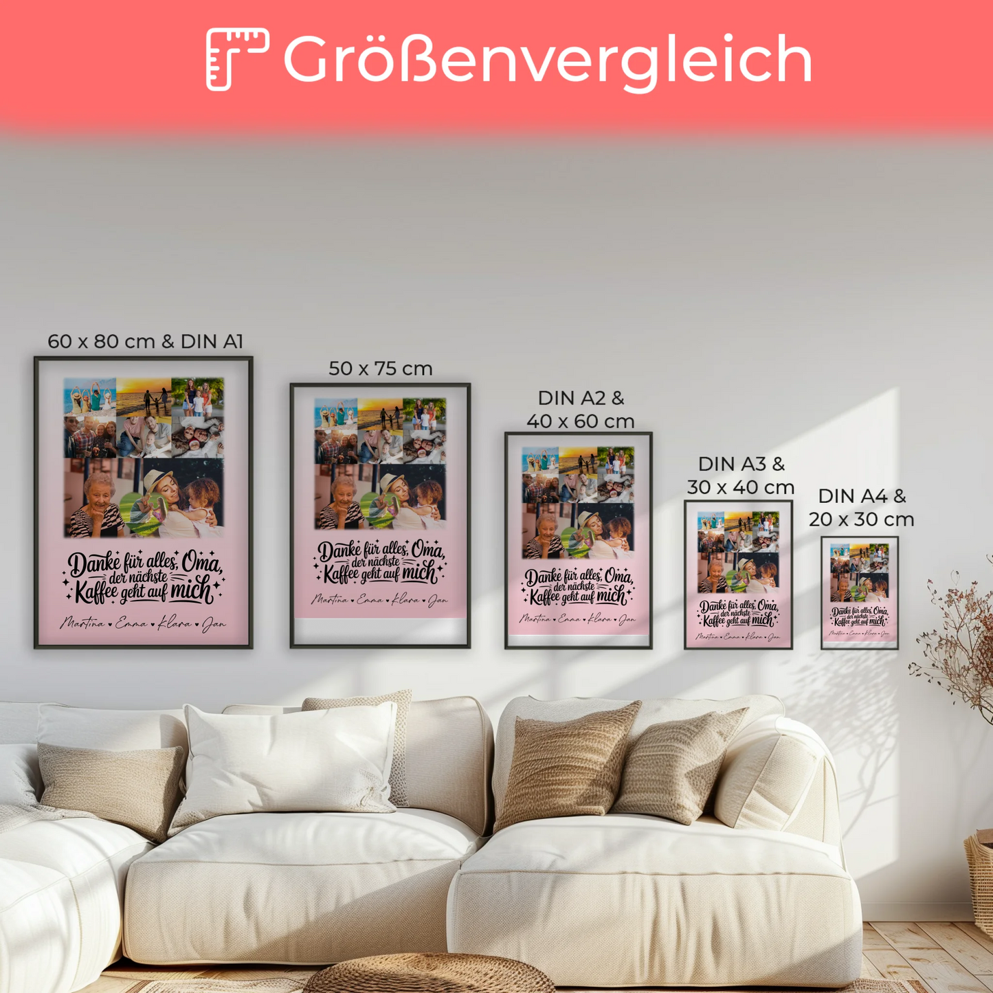 Oma Plakat mit 8 Fotos und Herz Dankeschön Geschenk Kaffee geht auf mich