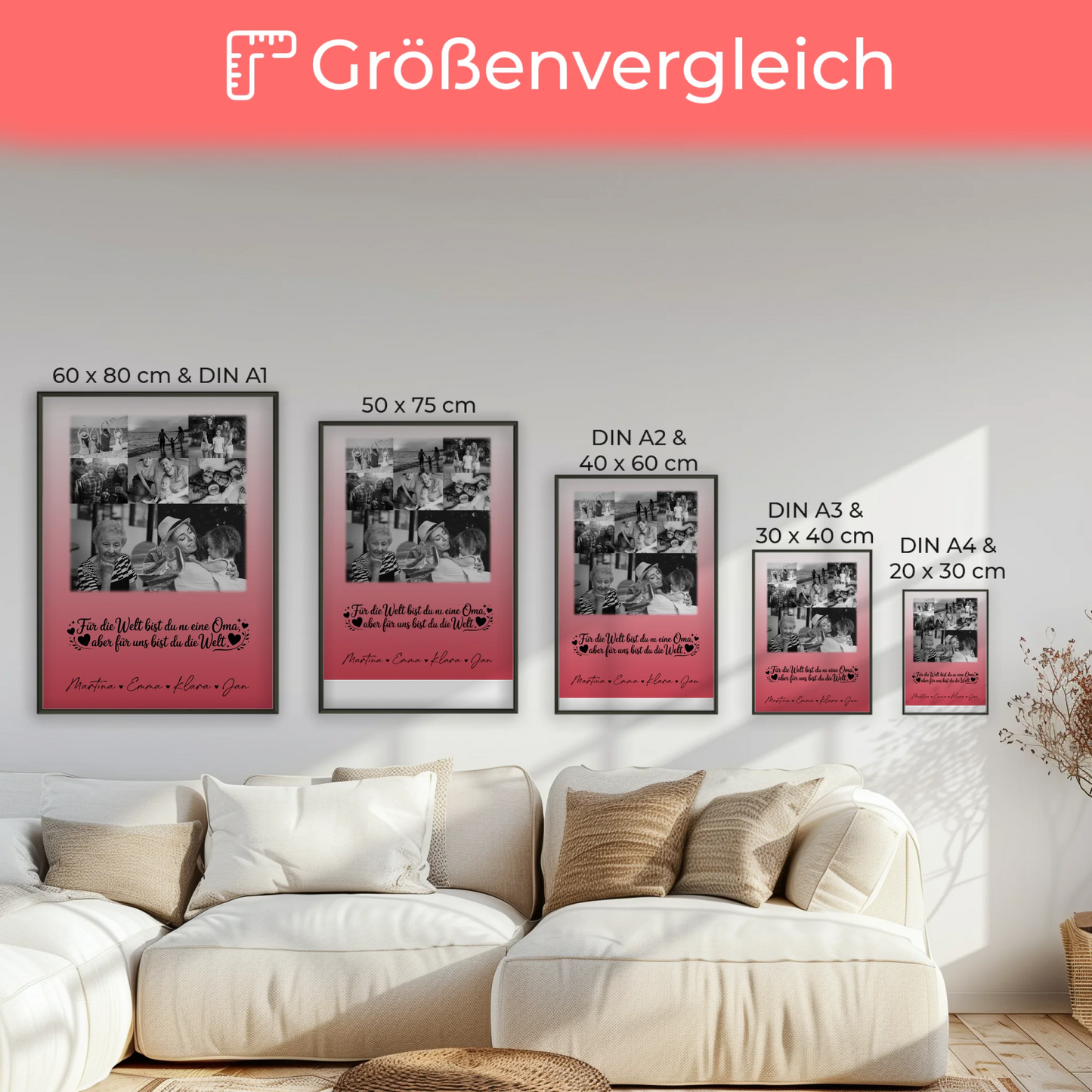 Personalisiertes Poster Oma und Opa mit 8 Fotos und Herz Du bist für mich die Welt Schwarz-Weiß