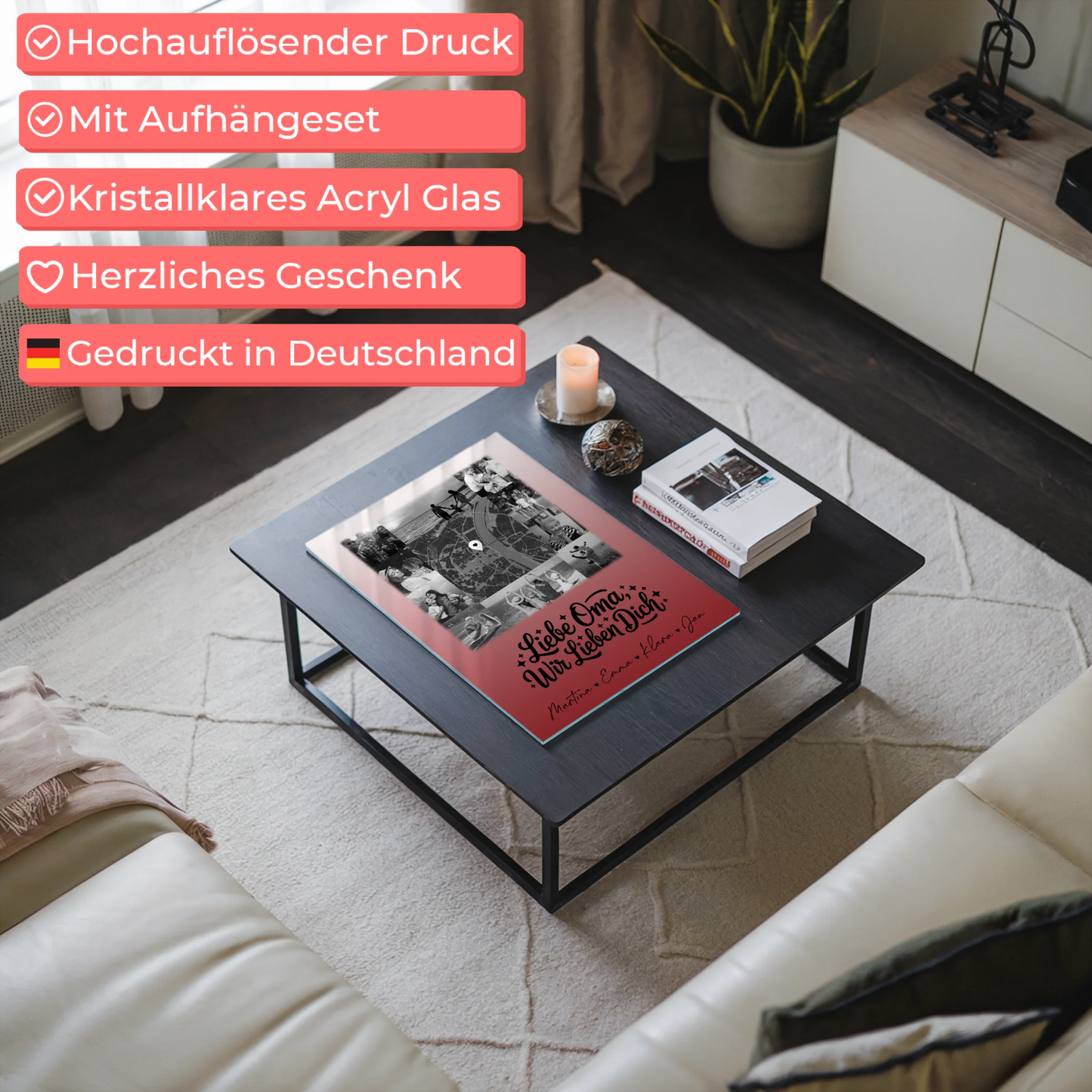 Personalisiertes Wandbild Oma mit 10 Fotos und Karte in der Mitte Liebe Oma wir lieben Dich Schwarz-Weiß