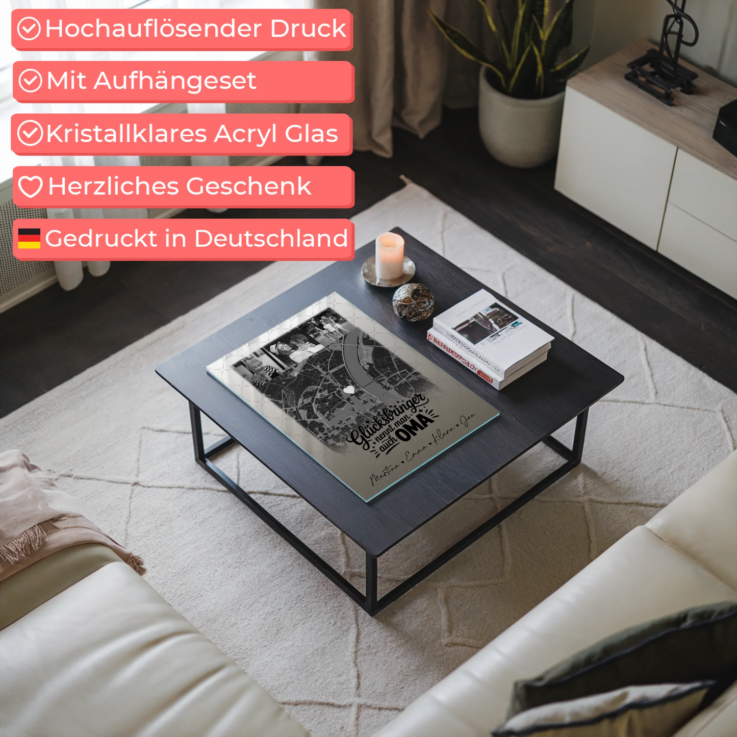 Oma Plakat Acrylglas Bild mit 4 Fotos und Karte Glücksbringer nennt man auch Bruder Schwarz-Weiß Personalisiertes Geschenk