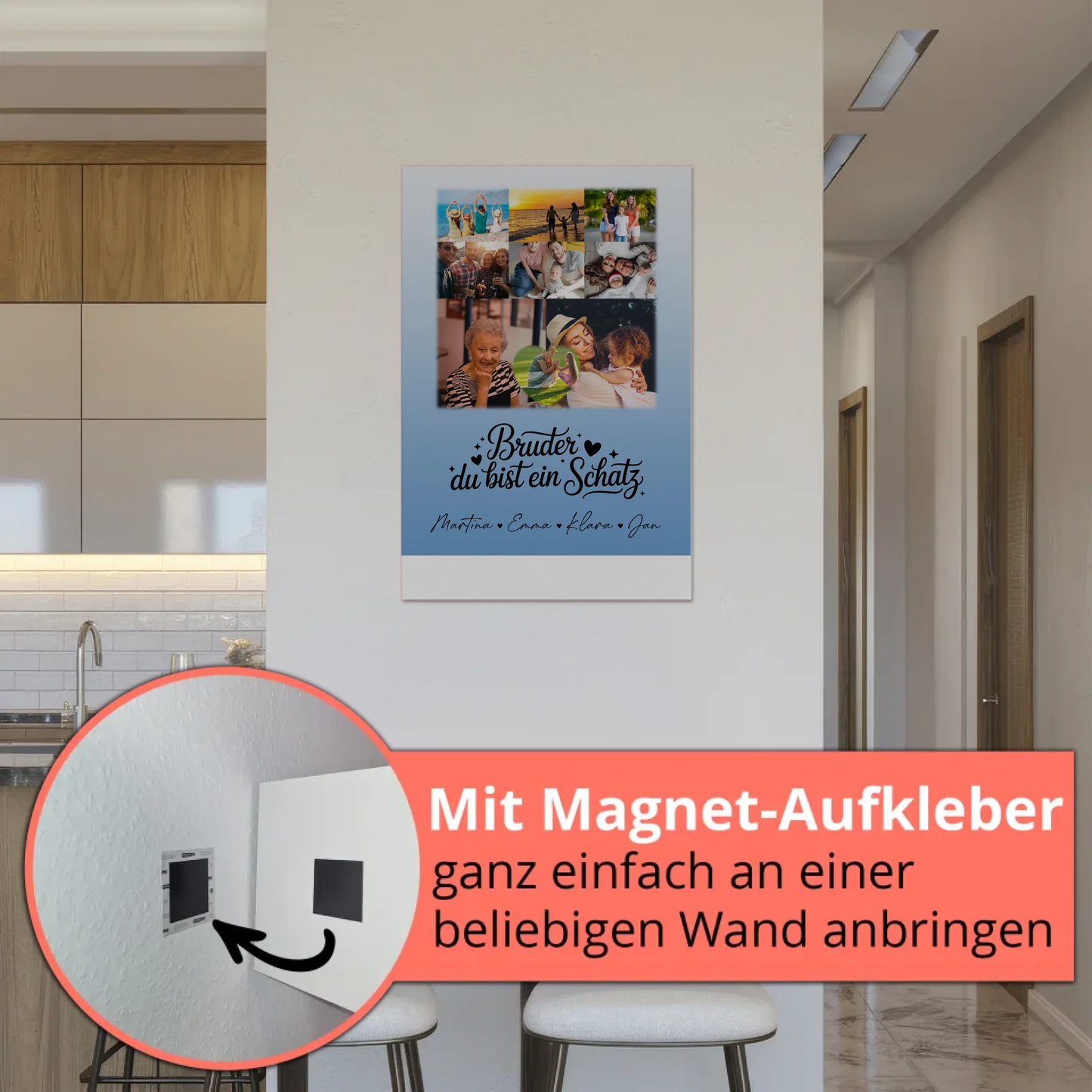Magnetposter Fotoboard mit 8 Fotos und 1 Herz Foto Bruder du bist mein Schatz personalisiertes Geschenk