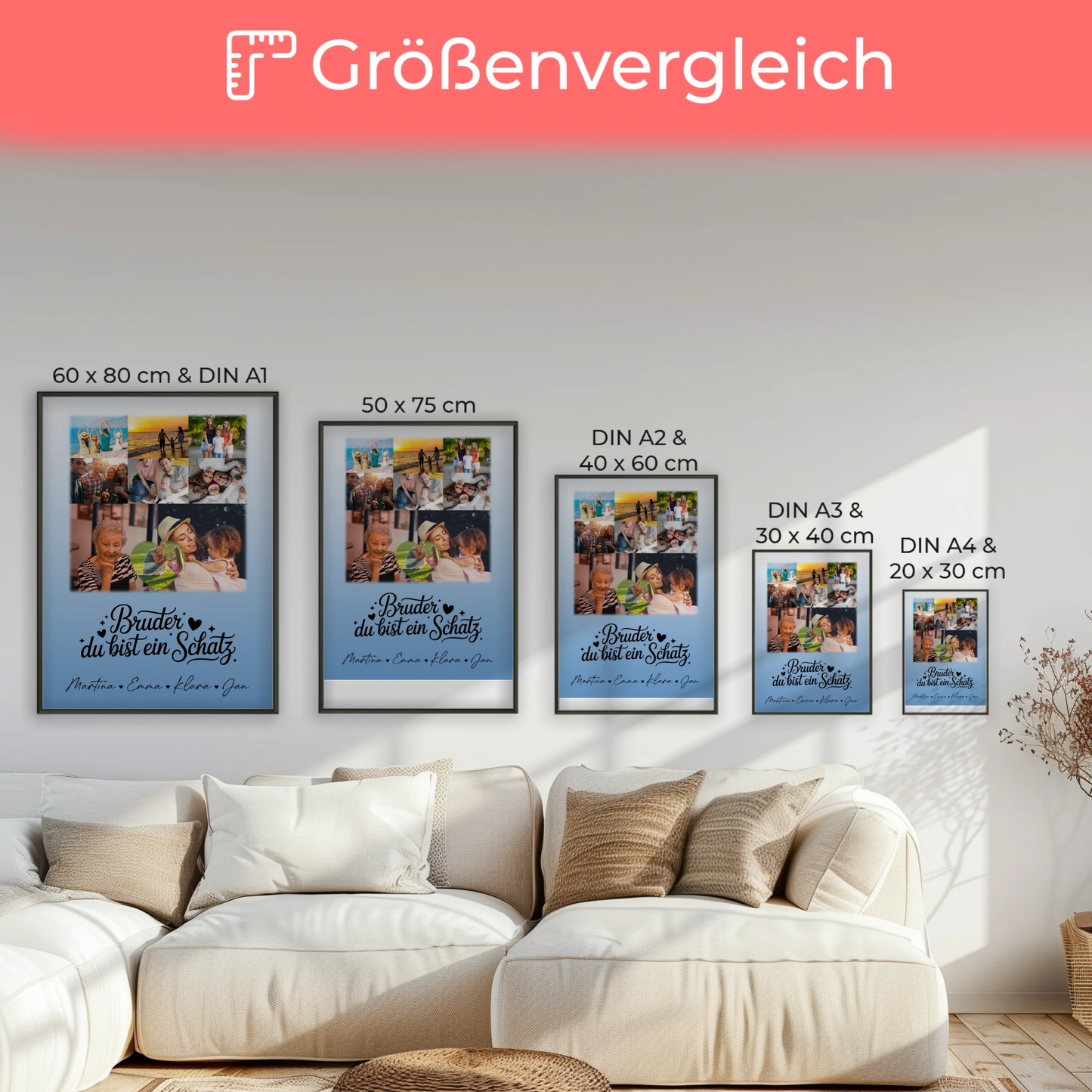 Personalisiertes Bruder Poster mit 8 Fotos und Herz Motiv Bruder du bist mein Schatz