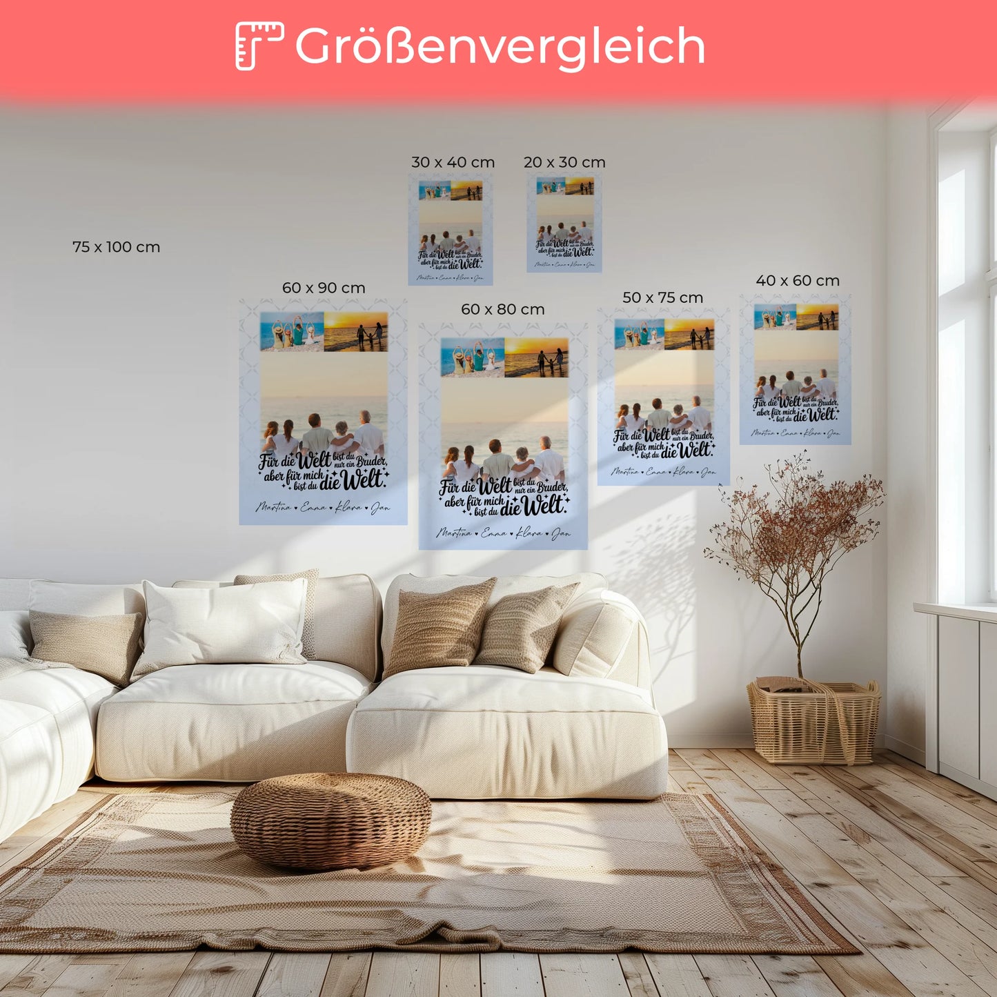 Personalisierte Leinwand Wandbild mit 3 Fotos Du bist für mich die Welt 6