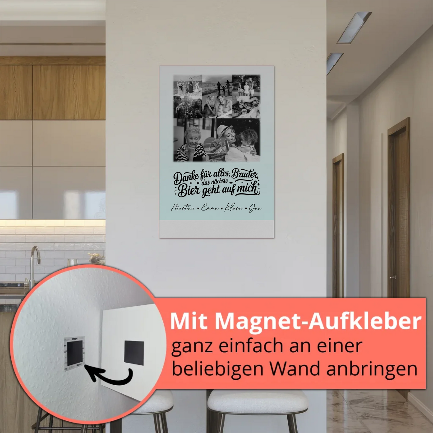 Personalisierbares Fotoboard Poster Magnetisch mit 8 Fotos und Herz Motiv Danke Bruder Bier geht auf mich Schwarz-Weiß Geschenk