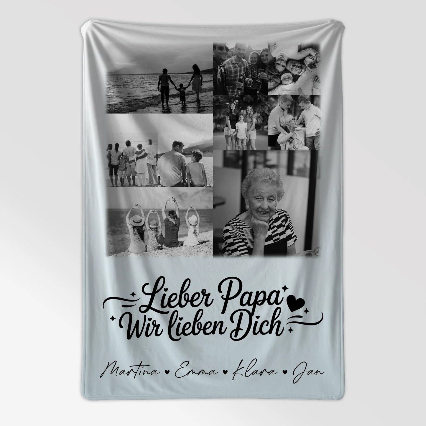 Personalisierte Namensdecke mit 9 Fotos Lieber Papa wir lieben Dich Schwarz-Weiß 7