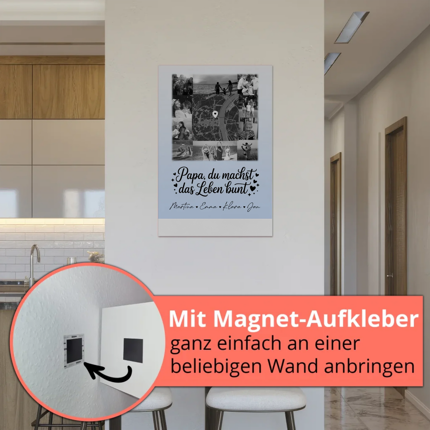 Personalisiertes Fotoboard Magnet Wandbild mit 10 Fotos und Karte in der Mitte Schwarz-Weiß Papa du bist mein Farbtupfer
