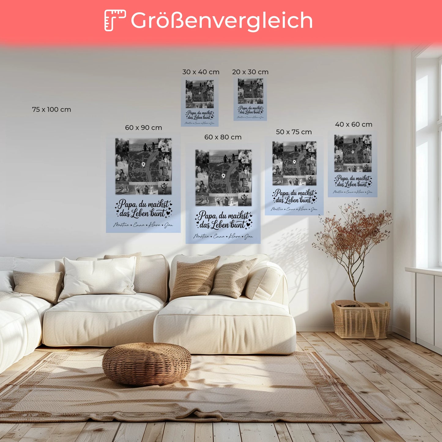 Leinwand Personalisiert mit 10 Fotos und Karte in der Mitte für Papa Du bist mein Farbtupfer Schwarz-Weiß Design 6