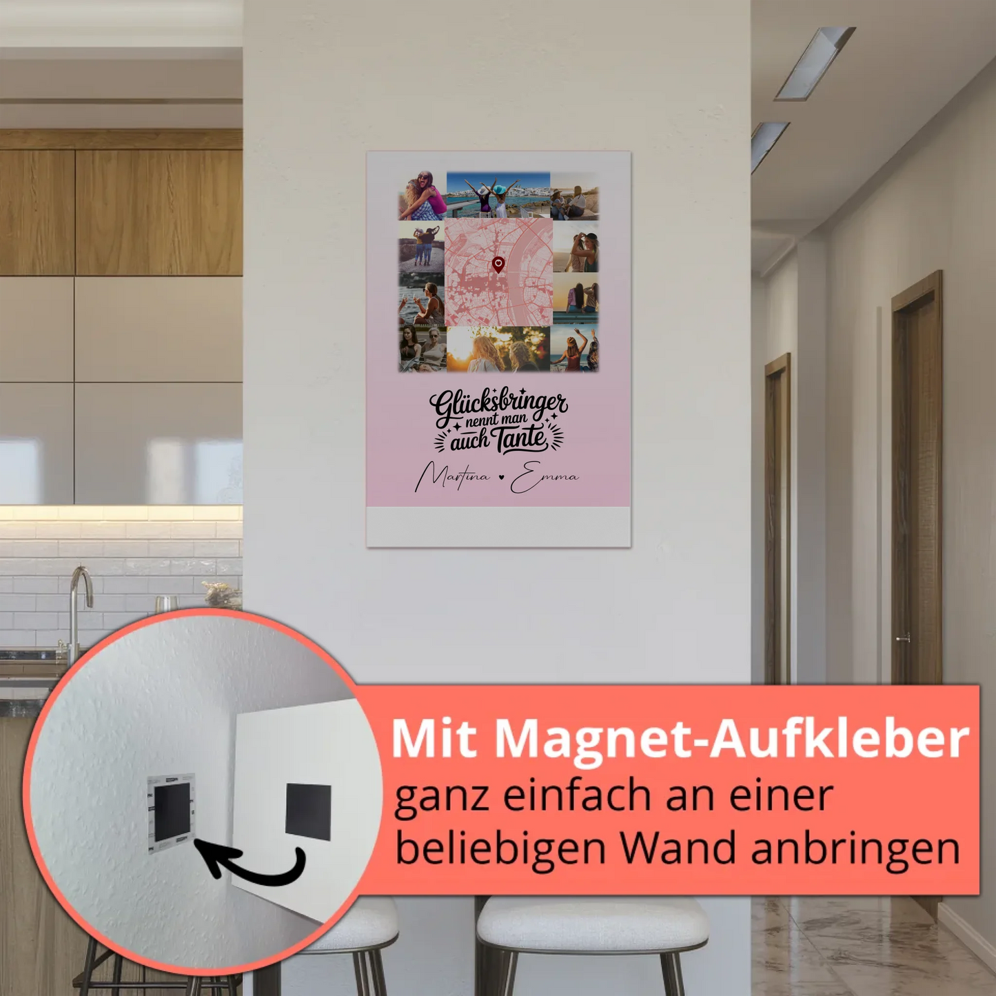Personalisierte Fotoboard Magnet Wandbild mit 10 Fotos und Karte in der Mitte Glücksbringer Bruder