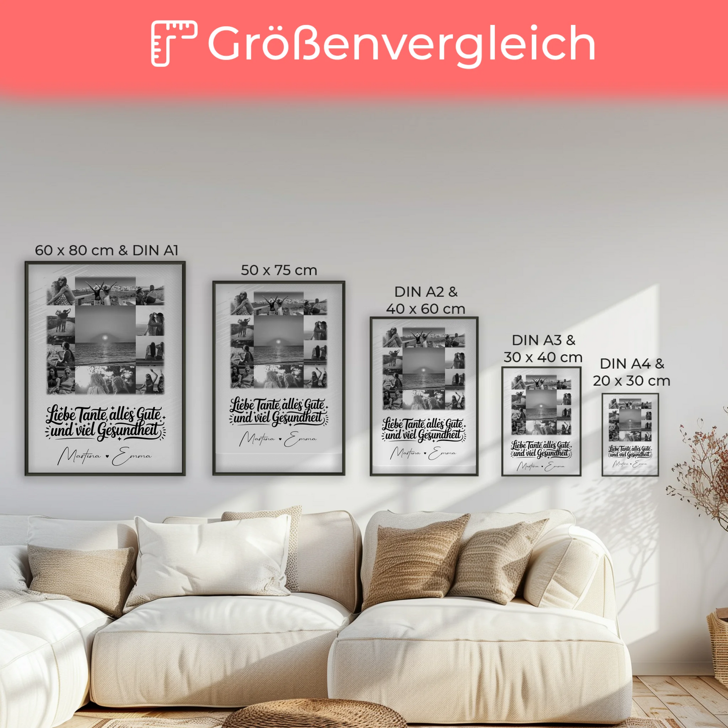 Personalisierte Fotocollage Großes Bild aus 11 Fotos für Tante alles Liebe und Gesundheit Schwarz-Weiß