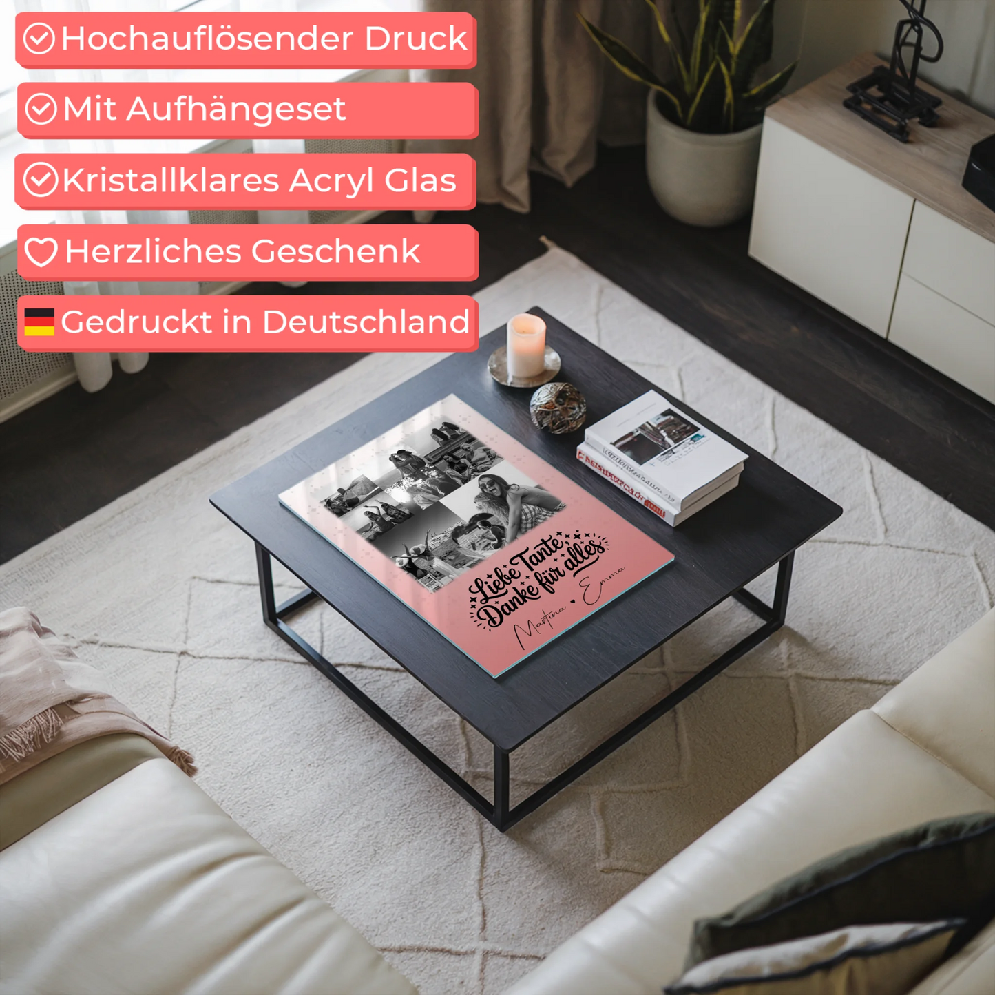 Personalisierte Acrylglas Mit Foto 8 Fotos 1 Herz Foto Liebe Tante Danke für alles Schwarz-Weiß