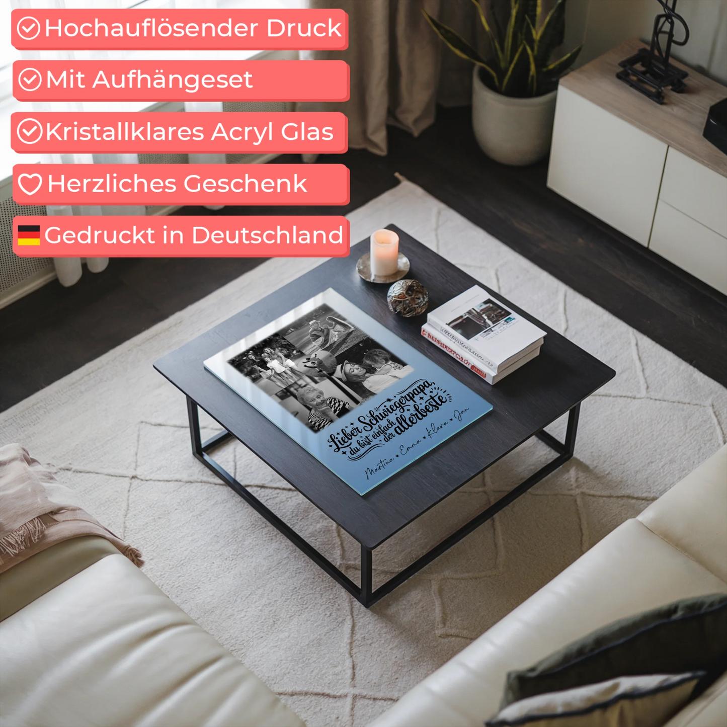 Personalisierte Geschenke mit Foto Mit Acrylglas 4 Fotos und 1 Herz Foto Alles Gute und Gesundheit Papa Schwarz-Weiß