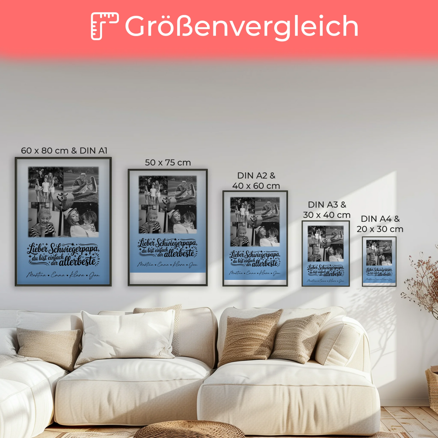 Foto Collage Poster Erstellen mit 4 Fotos und Herz für Papa Alles Gute und Gesundheit Schwarz-Weiß