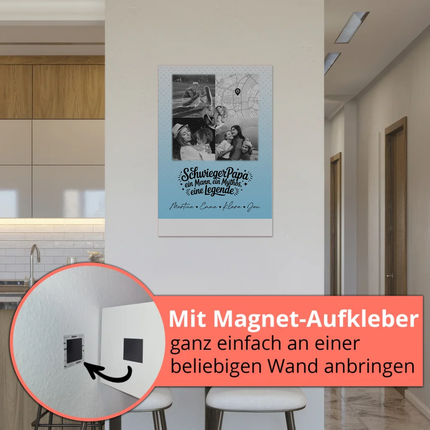 Personalisierte Fotoboard Magnet Wandbild mit 3 Fotos und Herz Karte für Schwiegerpapa Mythos Legende Schwarz-Weiß