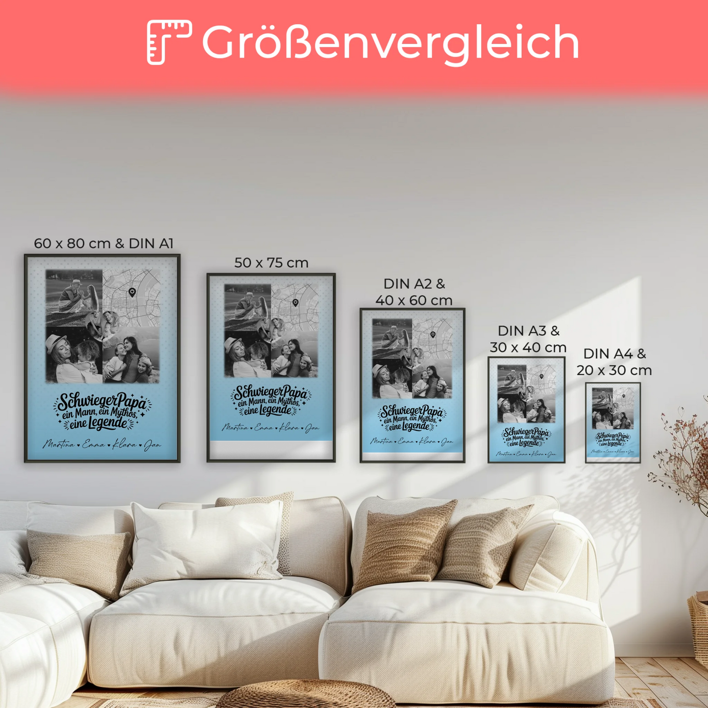 Personalisierte Karten Poster mit 3 Fotos und Herz Foto Karte für Schwiegerpapa Mythos Legende Schwarz-Weiß