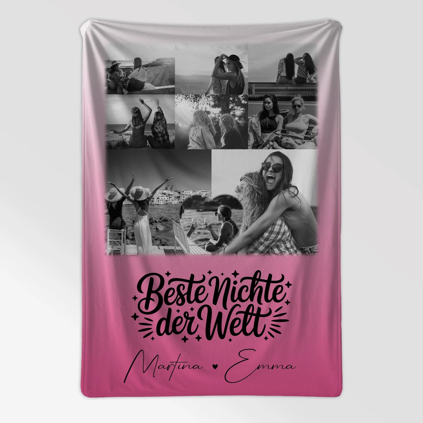 Personalisierte Namensdecke mit 8 Fotos und Herz Foto für die beste Nichte der Welt Schwarz-Weiß 7