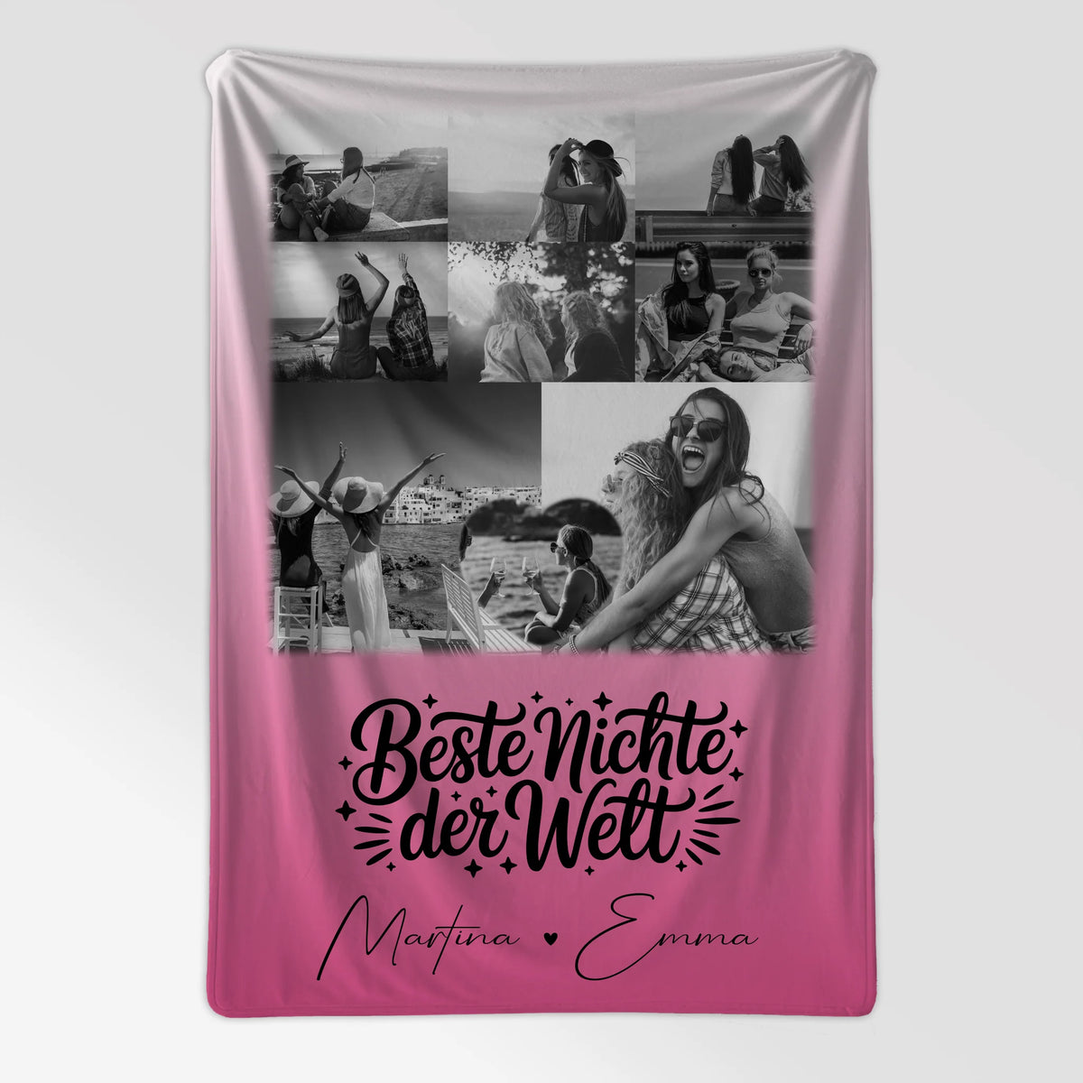 Personalisierte Namensdecke mit 8 Fotos und Herz Foto für die beste Nichte der Welt Schwarz-Weiß