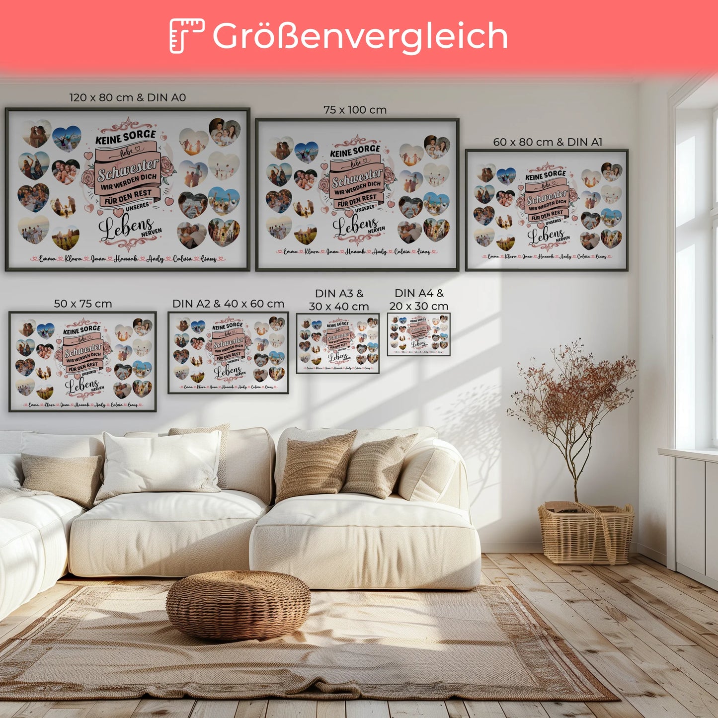 Geschenkposter individuell Keine Sorge Schwester 8 Fotos in Herzform