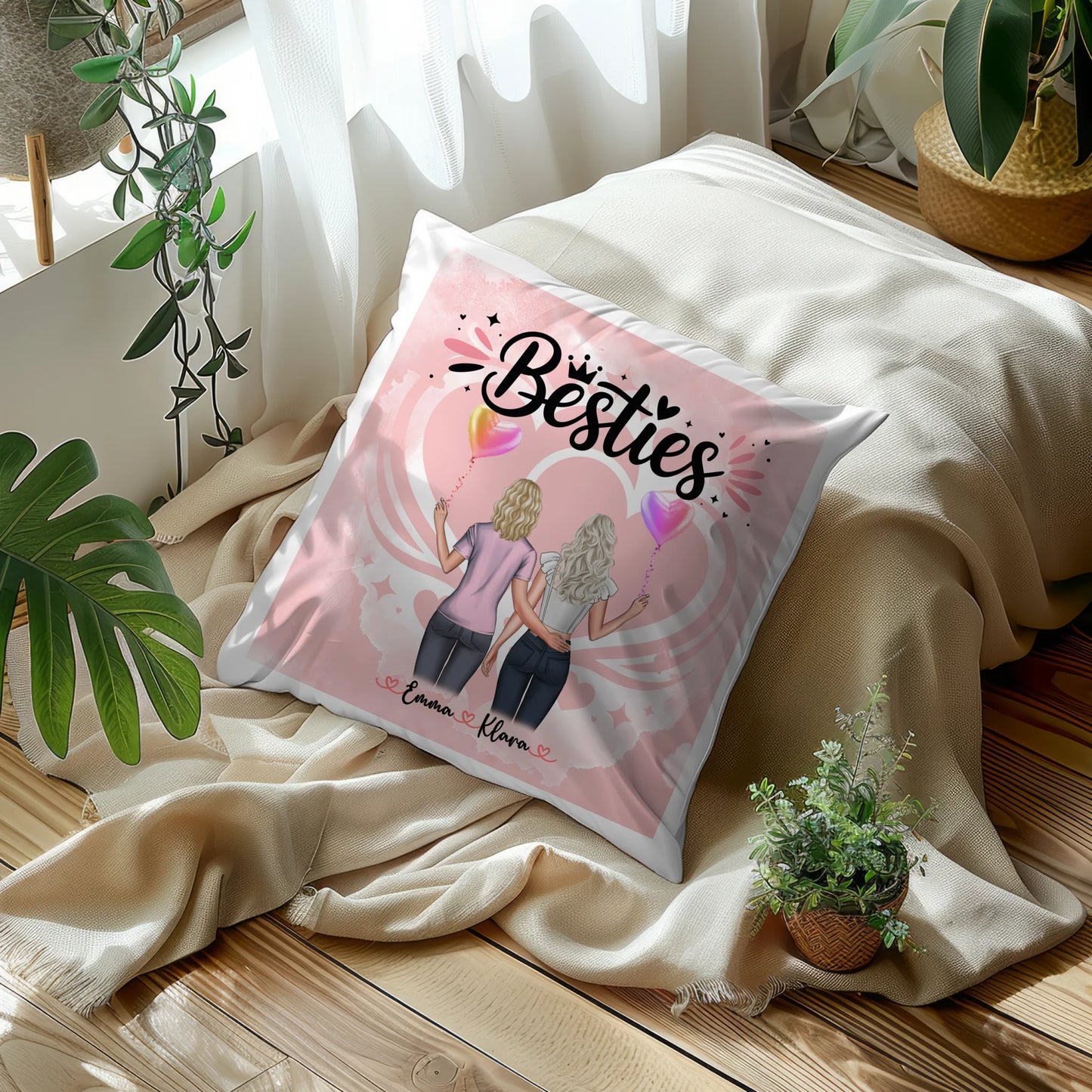 Kissen für beste Freundinnen mit 2 Clipart Frauen, Namen, Hintergrundbild & Wunschtext