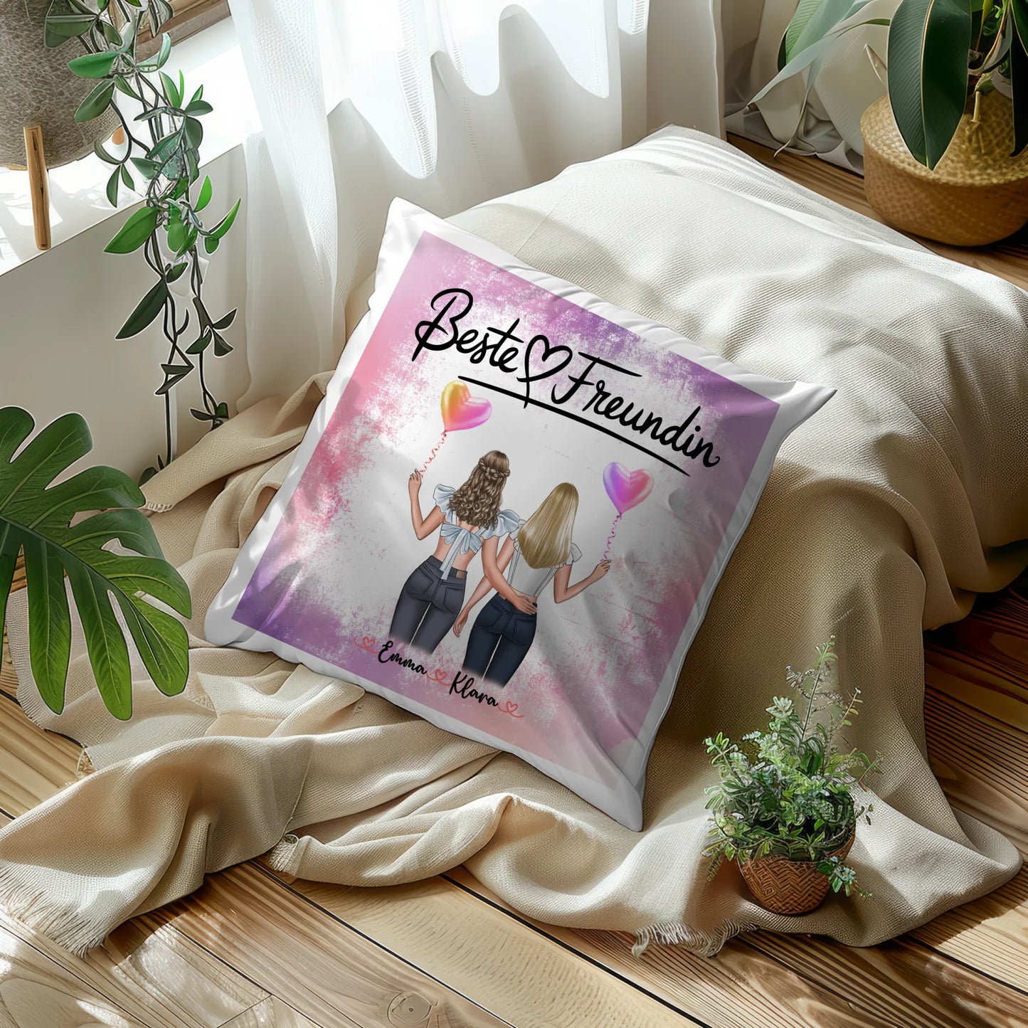 Kissen für beste Freundinnen personalisiert mit 2 Clipart-Frauen Namen & Wunschtext