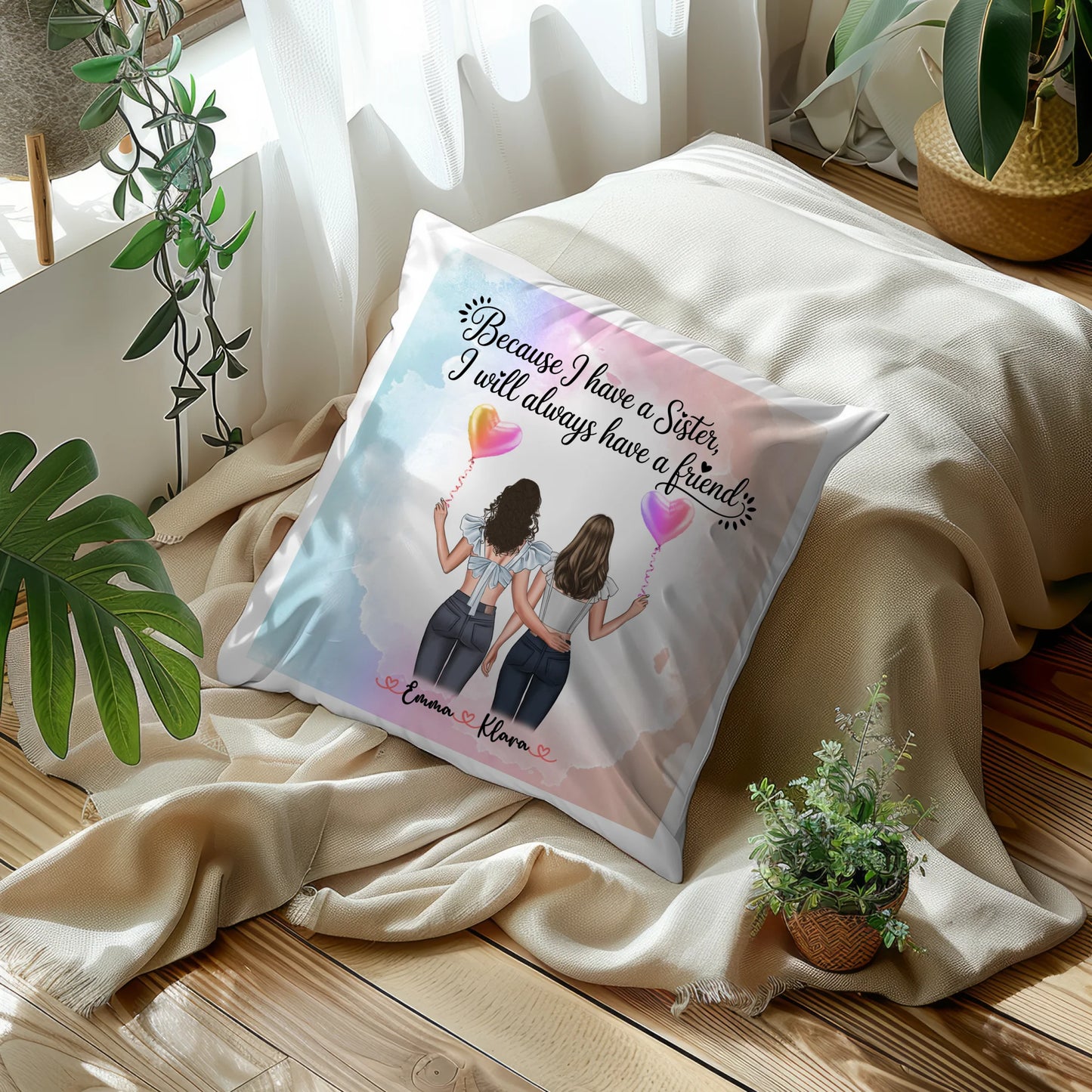Beste Schwester Kissen mit 2 Clipart Frauen, Namen & Wunschtext, Hintergrundbild möglich