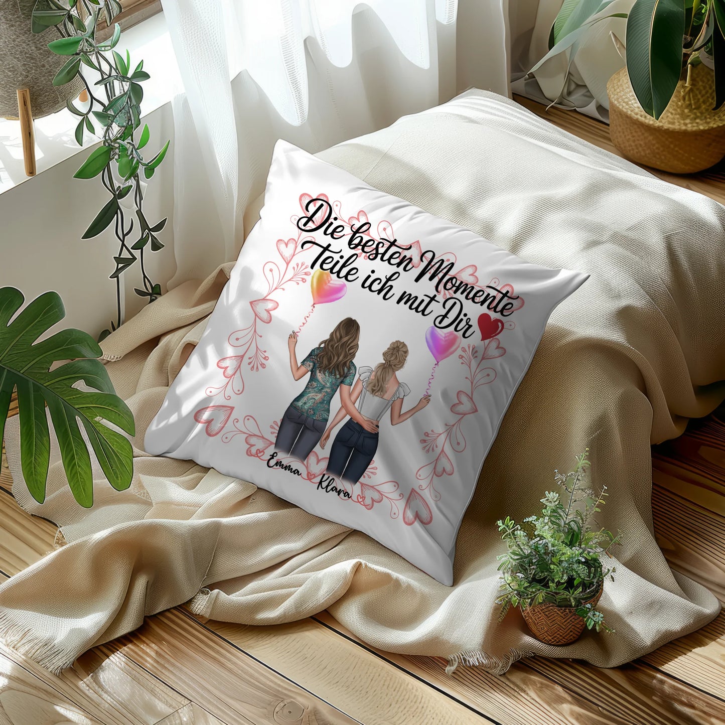 Kissen Beste Schwester mit Namen und 2 Clipart Frauen und eigenem Spruch