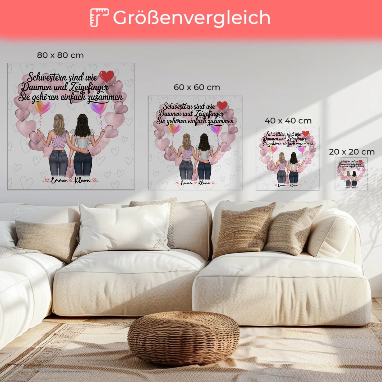 Leinwand Schwester personalisiert mit 2 Clipart Frauen Namen & Wunschtext 6