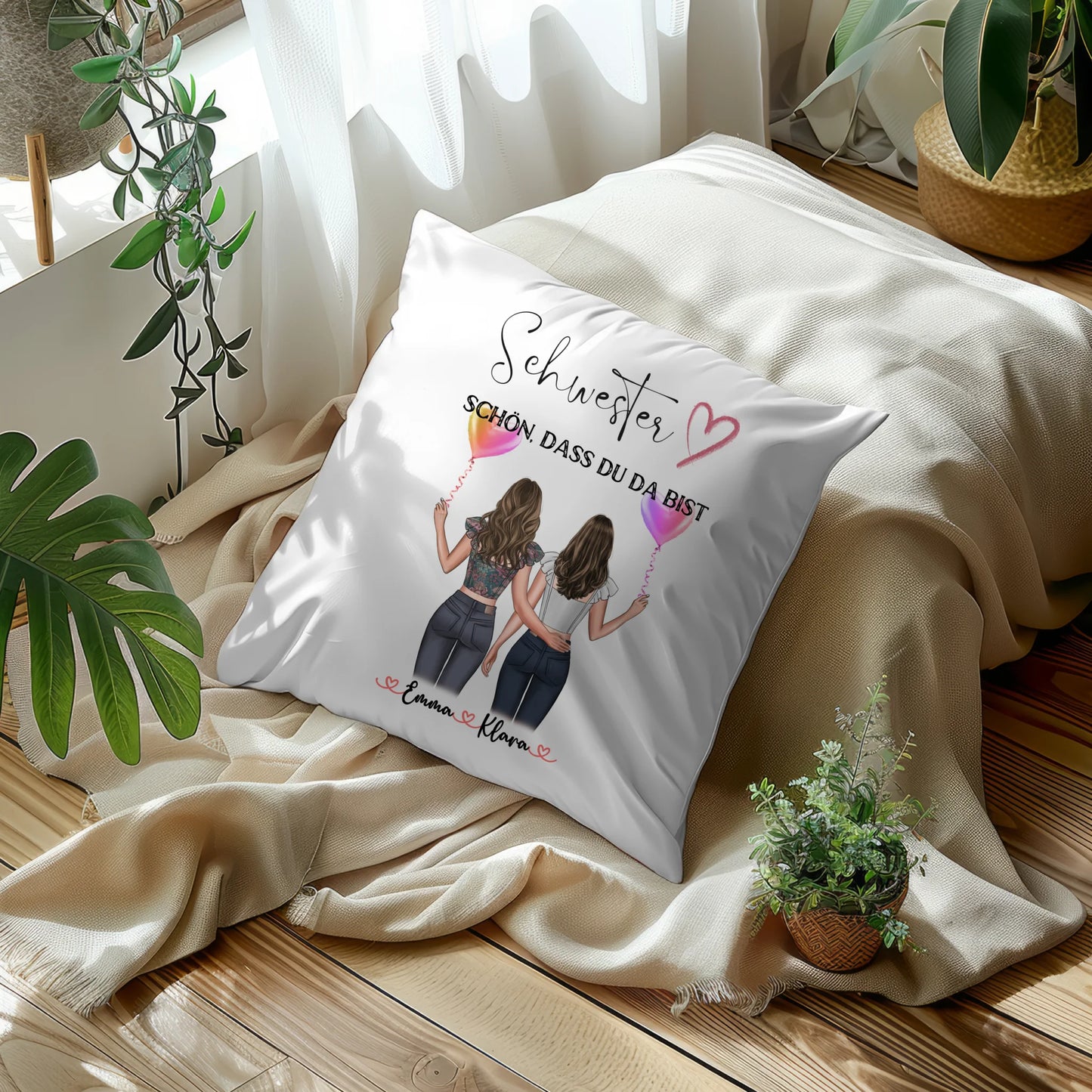 Kissen Große Schwester personalisierbar mit 2 Clipart-Frauen, Namen & Wunschtext