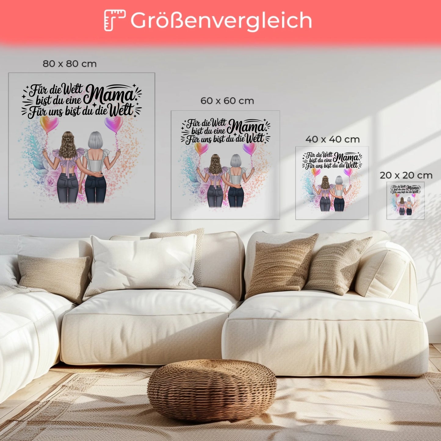 Personalisierte Leinwand Mama mit 2 Clipart Frauen, Namen, Hintergrundbild & Wunschtext