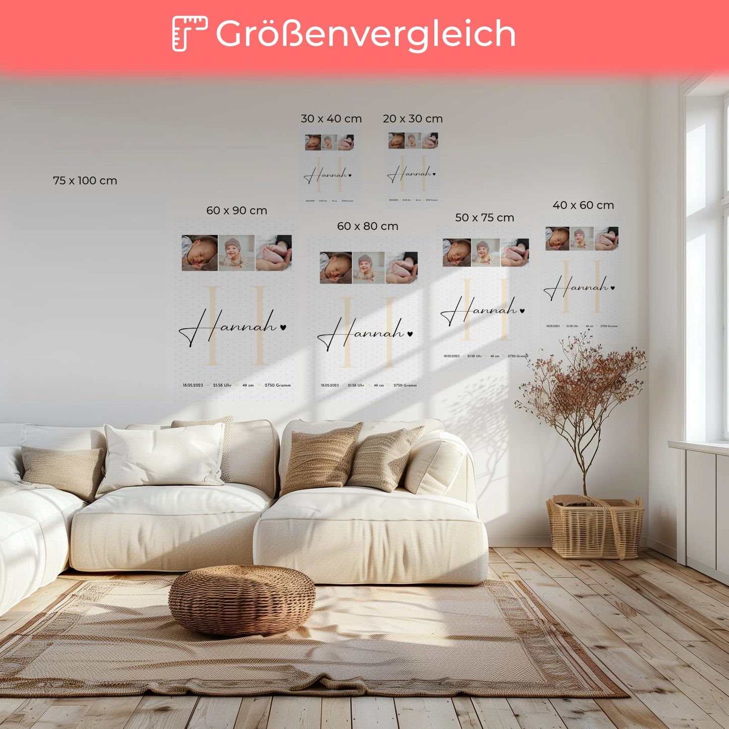 Wandbild Fotocollage zur Geburt Baby mit Geburtsdaten und Sternchen Muster personalisiert 6