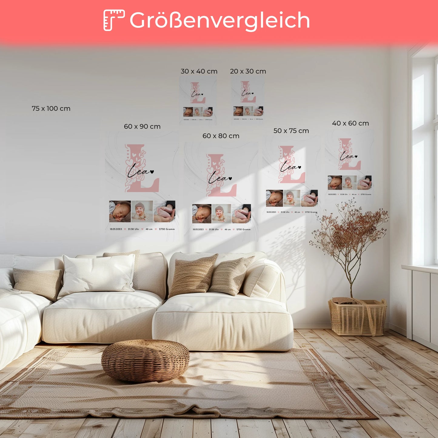 Personalisierte Leinwand zur Geburt Baby Fotocollage mit Geburtsdaten Initial Lines Elegance Muster 6