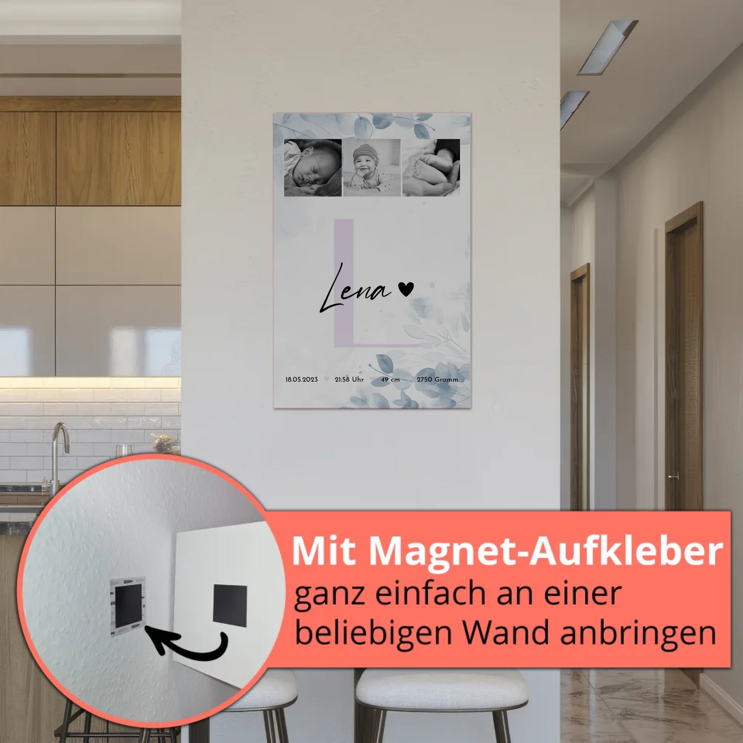 Fotoboard Magnet Poster Geburt Baby 5 Fotos Geburtsdaten Black and White
