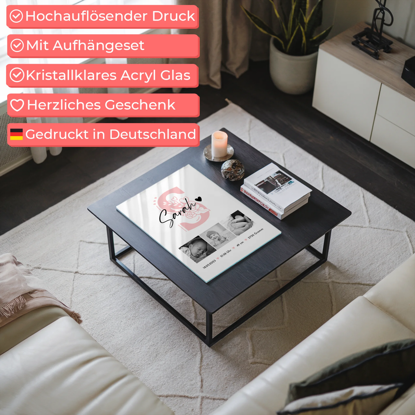 Foto Acrylglas zur Geburt Baby Fotocollage mit Geburtsdaten Initial Black and White 7
