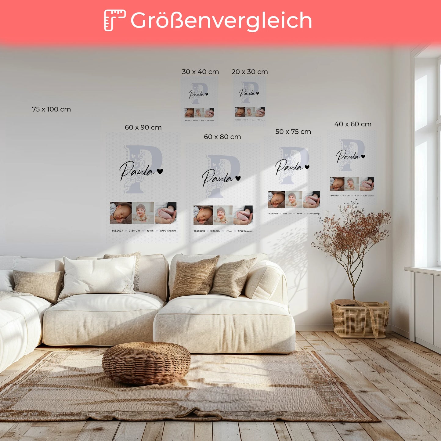 Leinwand Personalisiert zur Geburt Baby mit 6 Fotos Geburtsdaten Sternchen Muster 6
