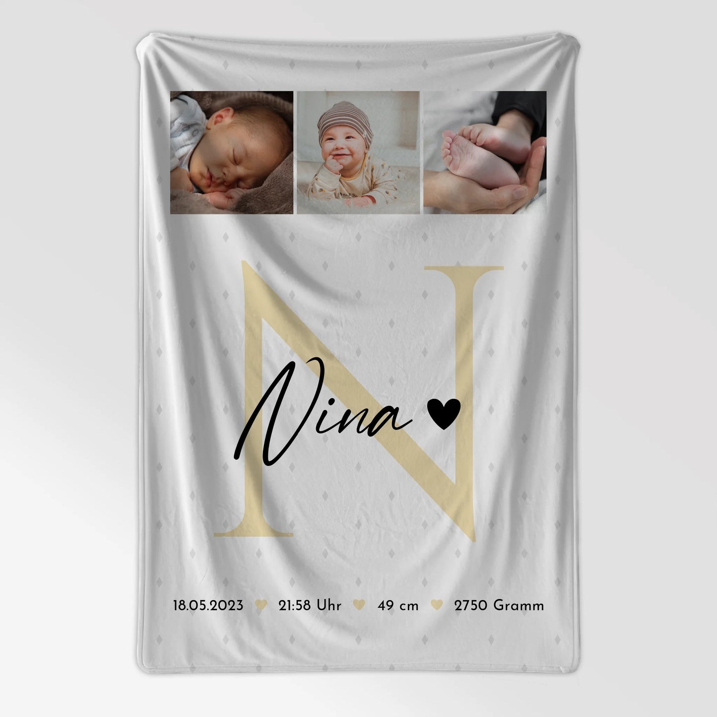 Babydecke Mit Namen Und Geburtsdatum Und Gewicht Fotocollage Geburt Initial Rauten Muster 7
