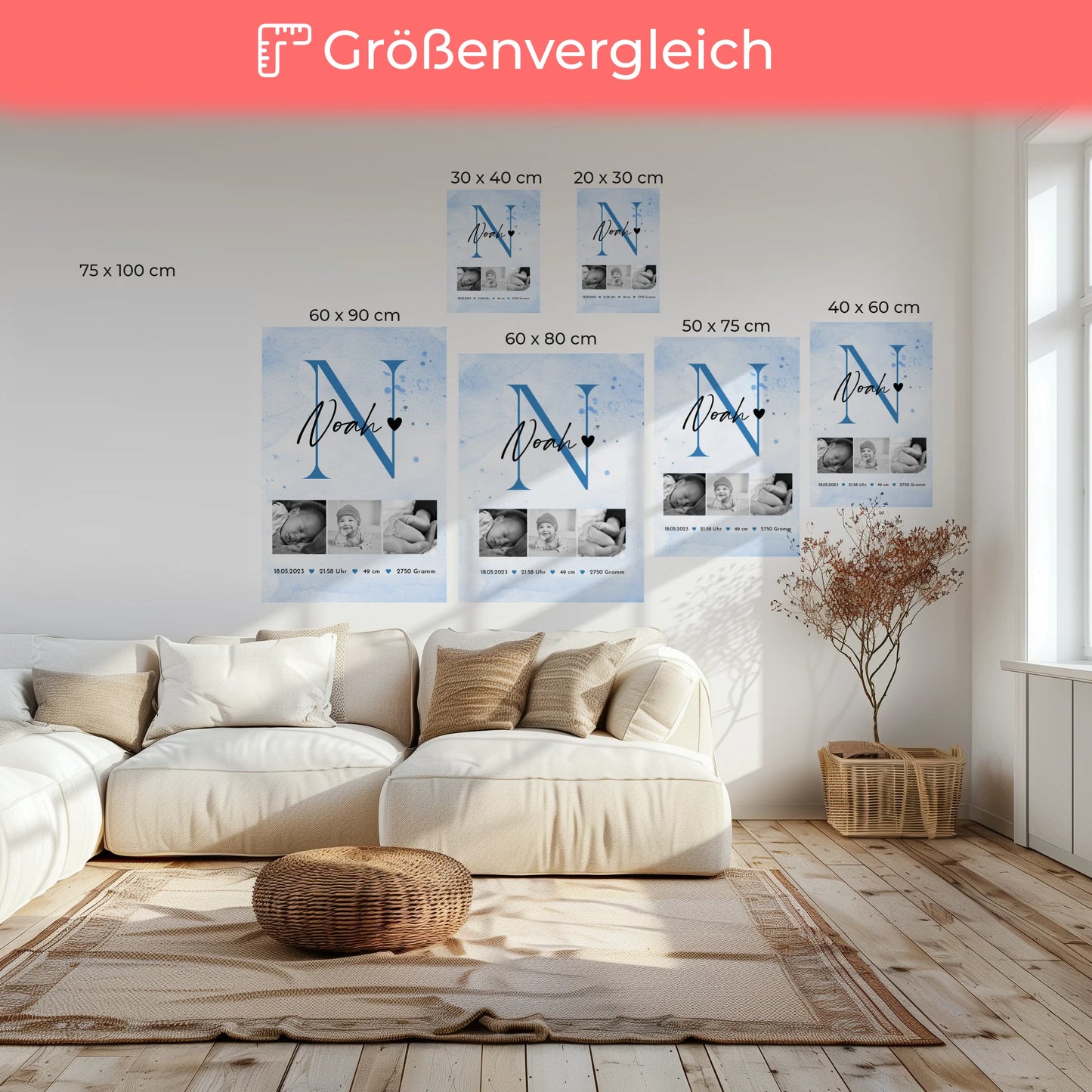 Wandbild Fotocollage Geburt Baby 7 Fotos Geburtsdaten Black and White 6