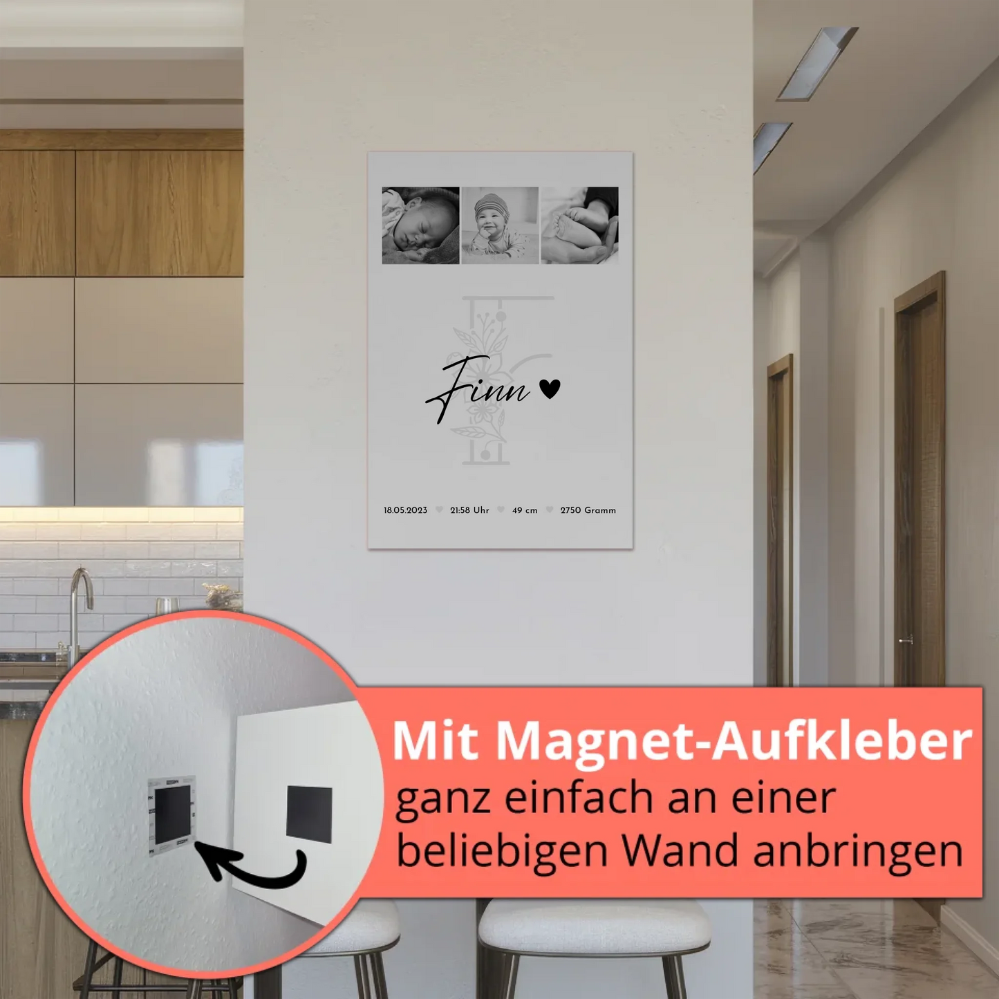 Magnetposter Baby-Fotocollage mit Geburtsdaten & Initial - Black & White