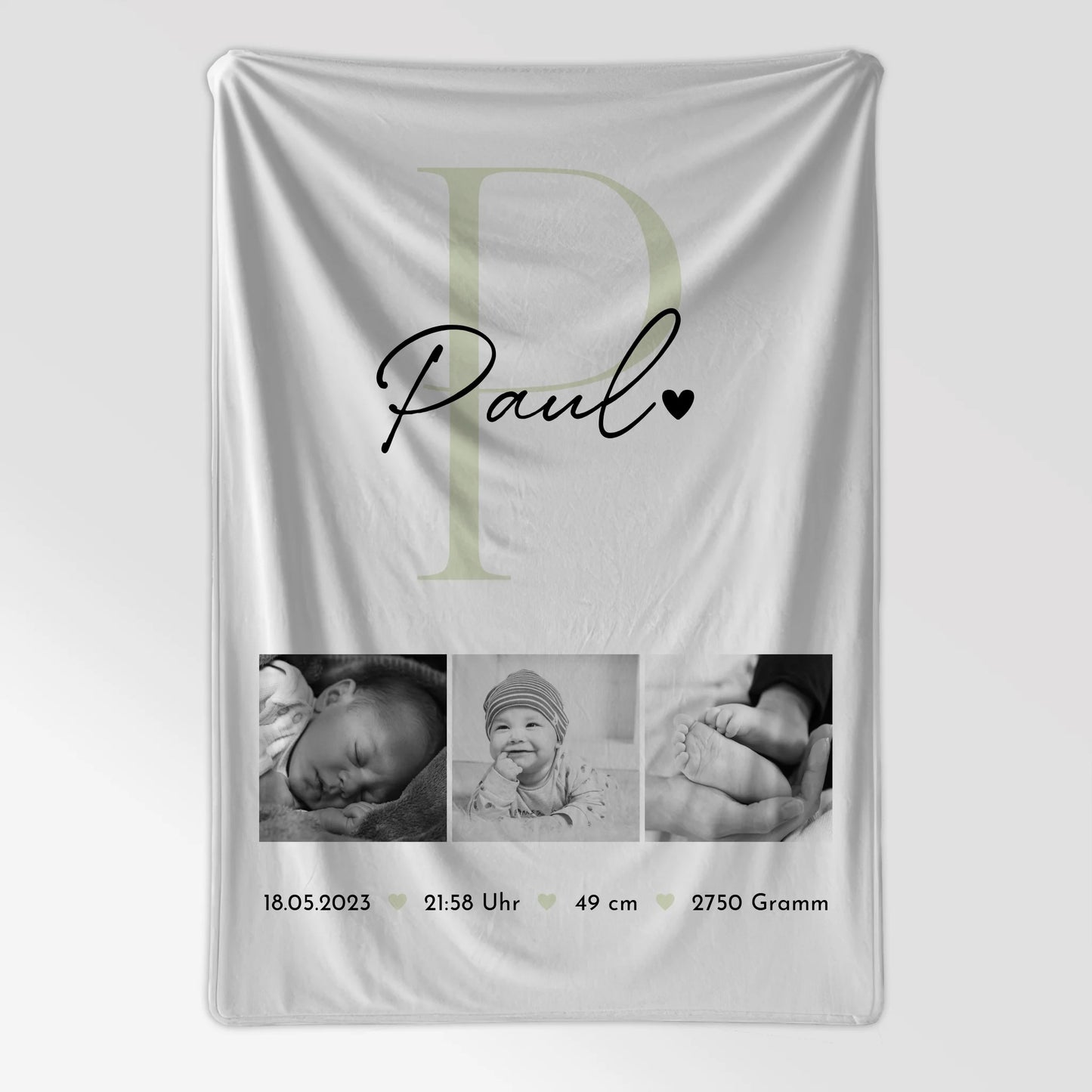 Babydecke zur Geburt mit Namen, Baby-Fotocollage und Geburtsdaten - Schwarz-Weiß-Design 7