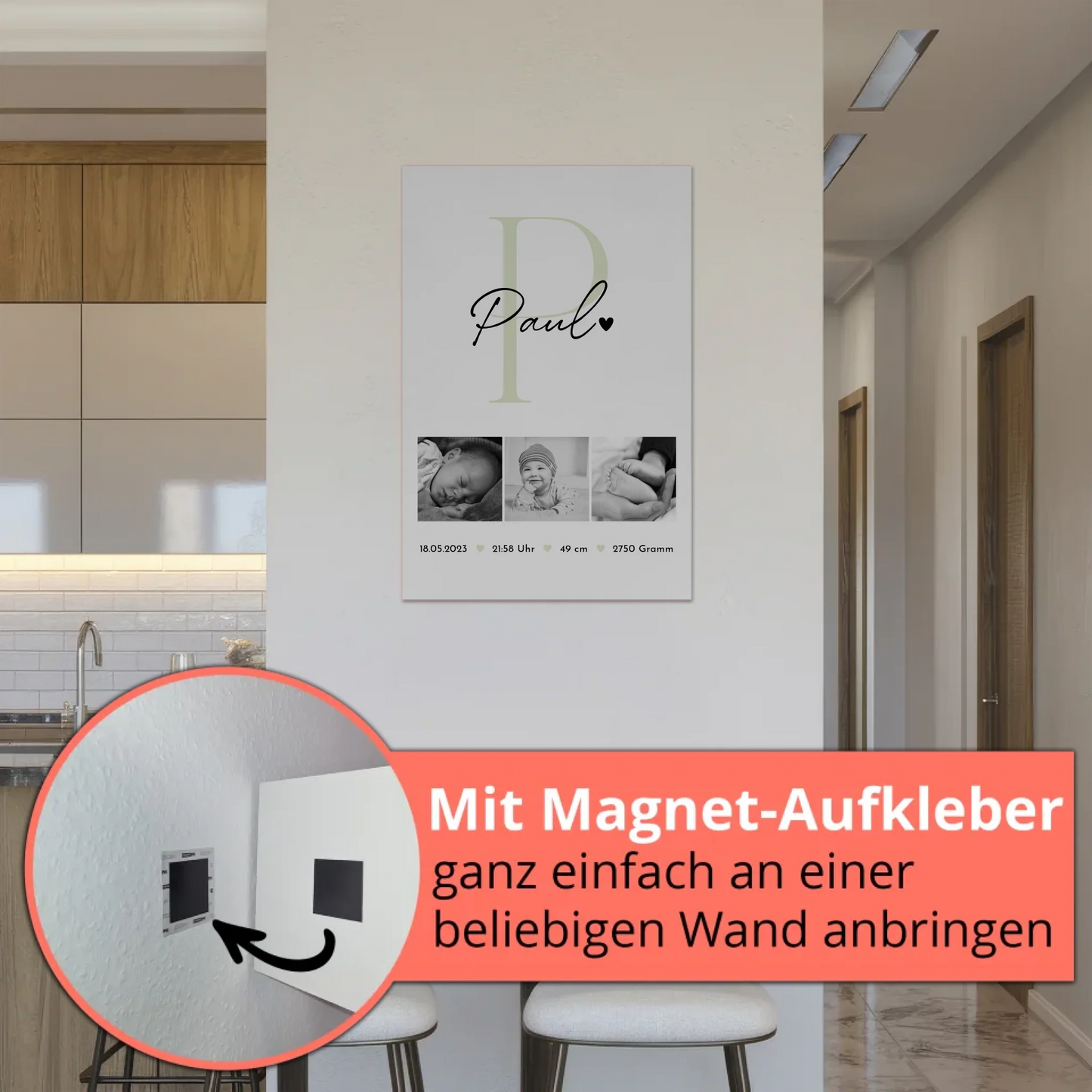 Magnetisches Fotoboard-Poster zur Geburt, Baby-Fotocollage mit Geburtsdaten im Black-and-White-Design