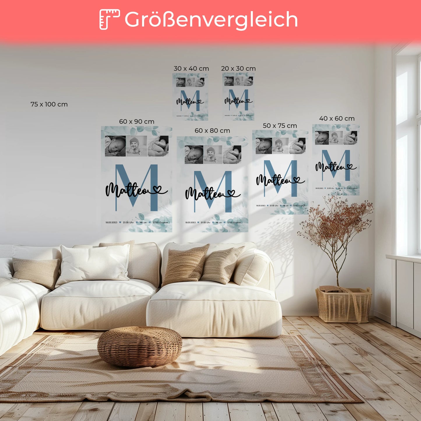 Wandbild Fotocollage Geburt Baby mit Geburtsdaten Black and White Design 6