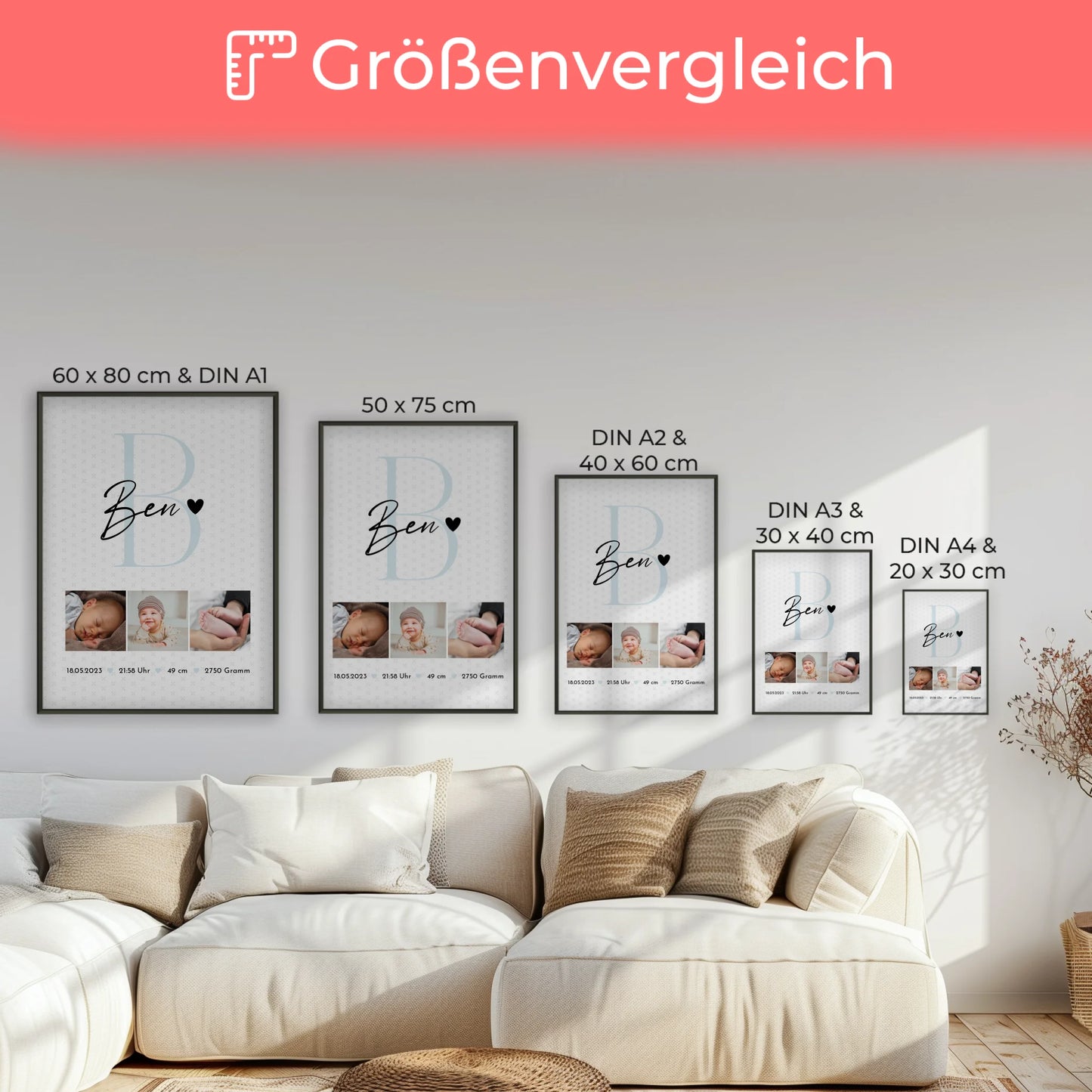 Poster Geburtsdaten zur Geburt Baby Fotocollage mit Initial und Sternchen Muster personalisiert 7