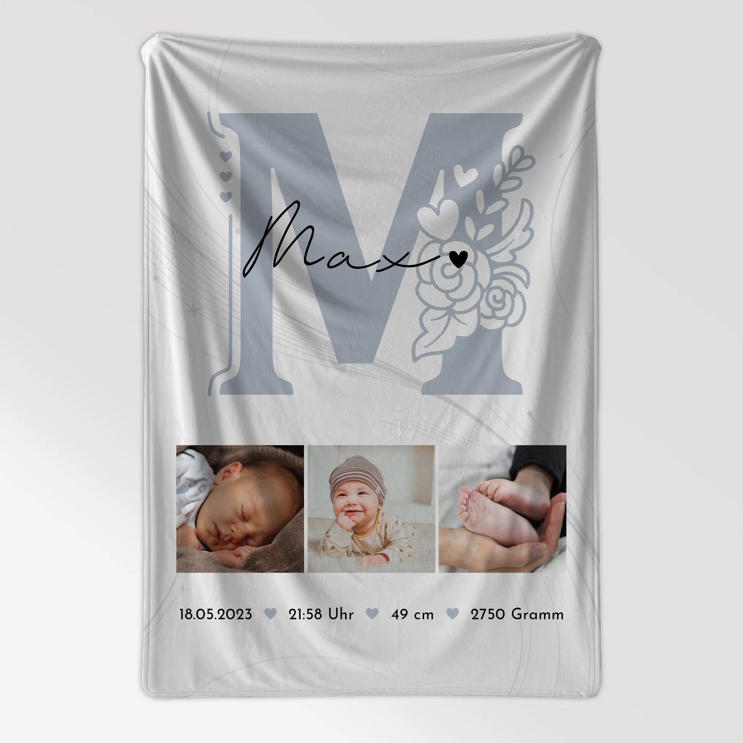 Krabbeldecke Mit Namen zur Geburt Baby Fotocollage mit Geburtsdaten Elegantes Muster 7