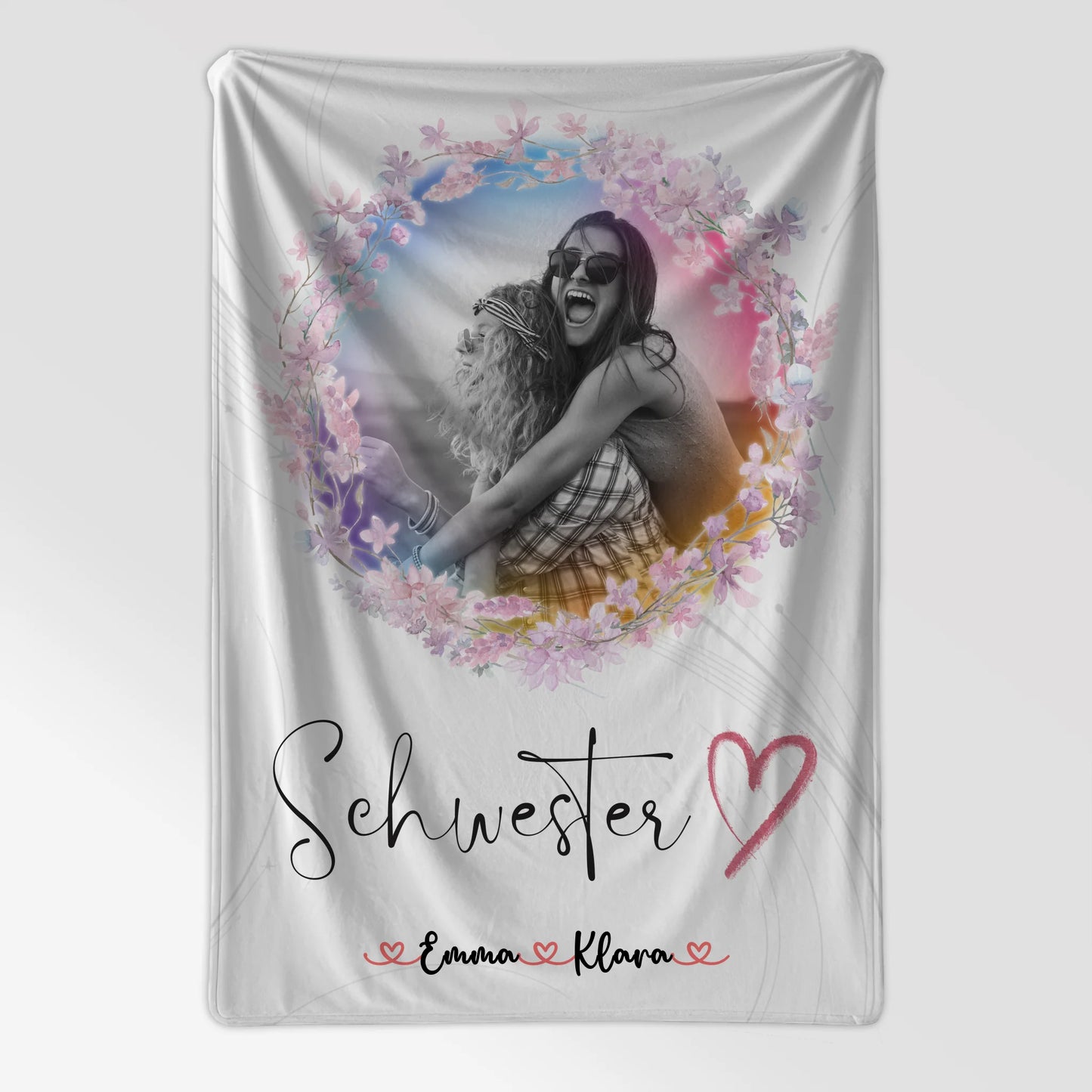 Personalisierte Decke Schwester mit 2 Fotos & Namen Black & White Schwesterherz