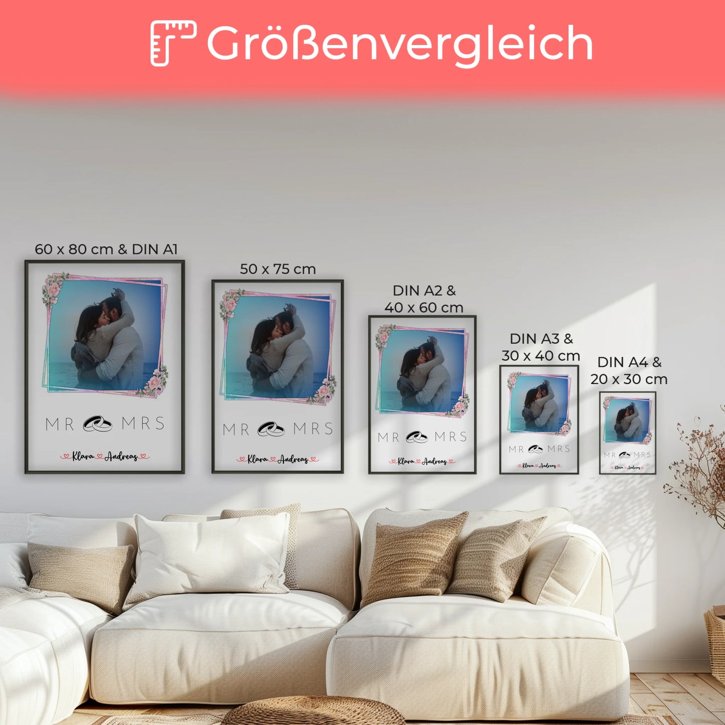 Liebesposter Mr & Mrs personalisiert für Paare mit 9 Fotos, Namen und Wunschtext