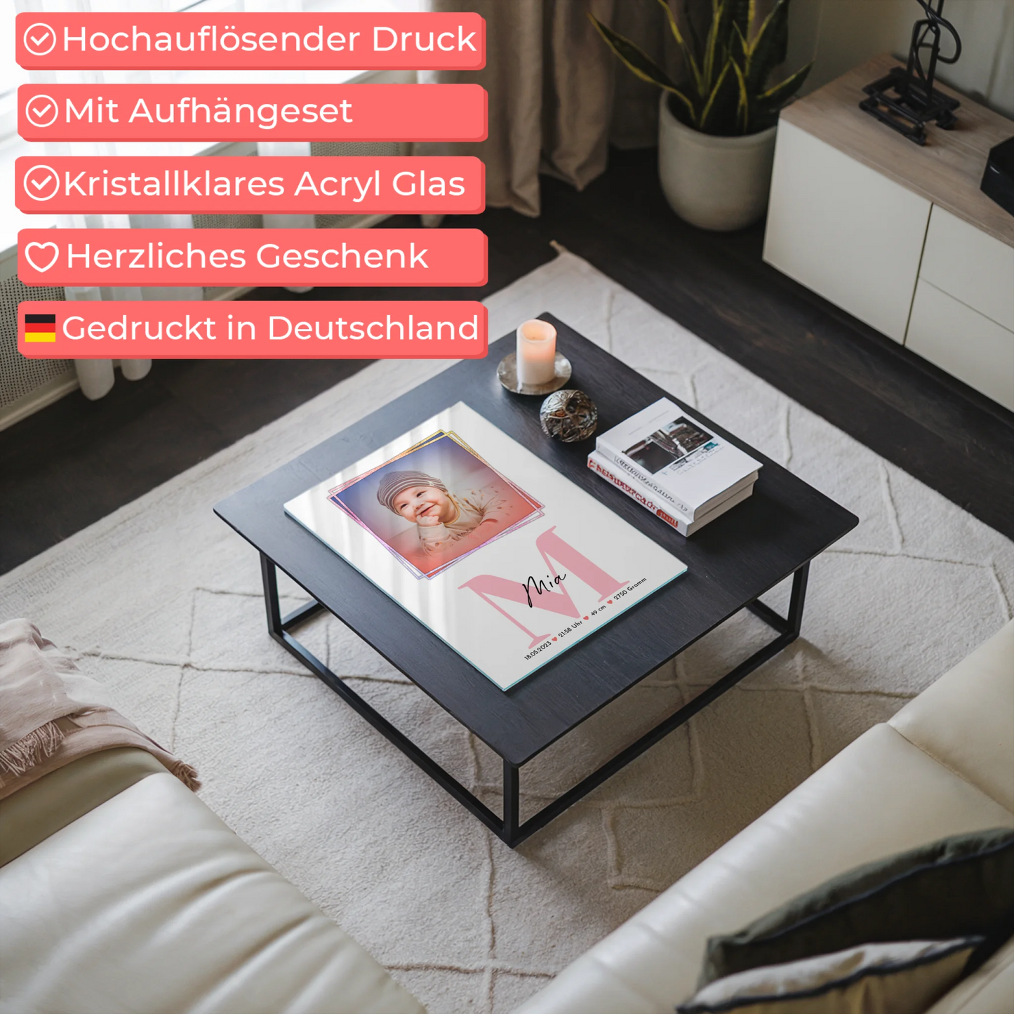 Acrylglas Mit Foto zur Geburt Baby mit Name, Initiale und Geburtsdaten