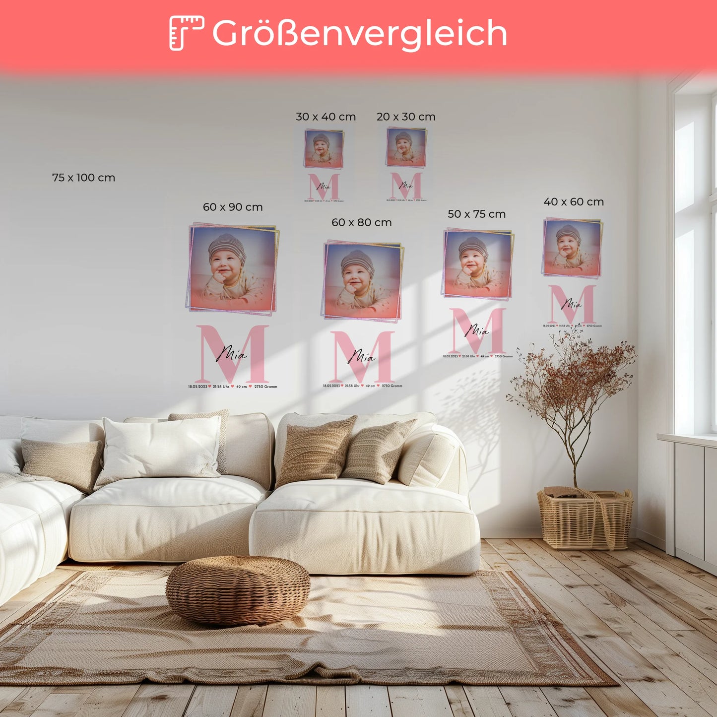 Leinwand Wandbild Baby Geburt mit Foto, Name & Geburtsdaten personalisierbar