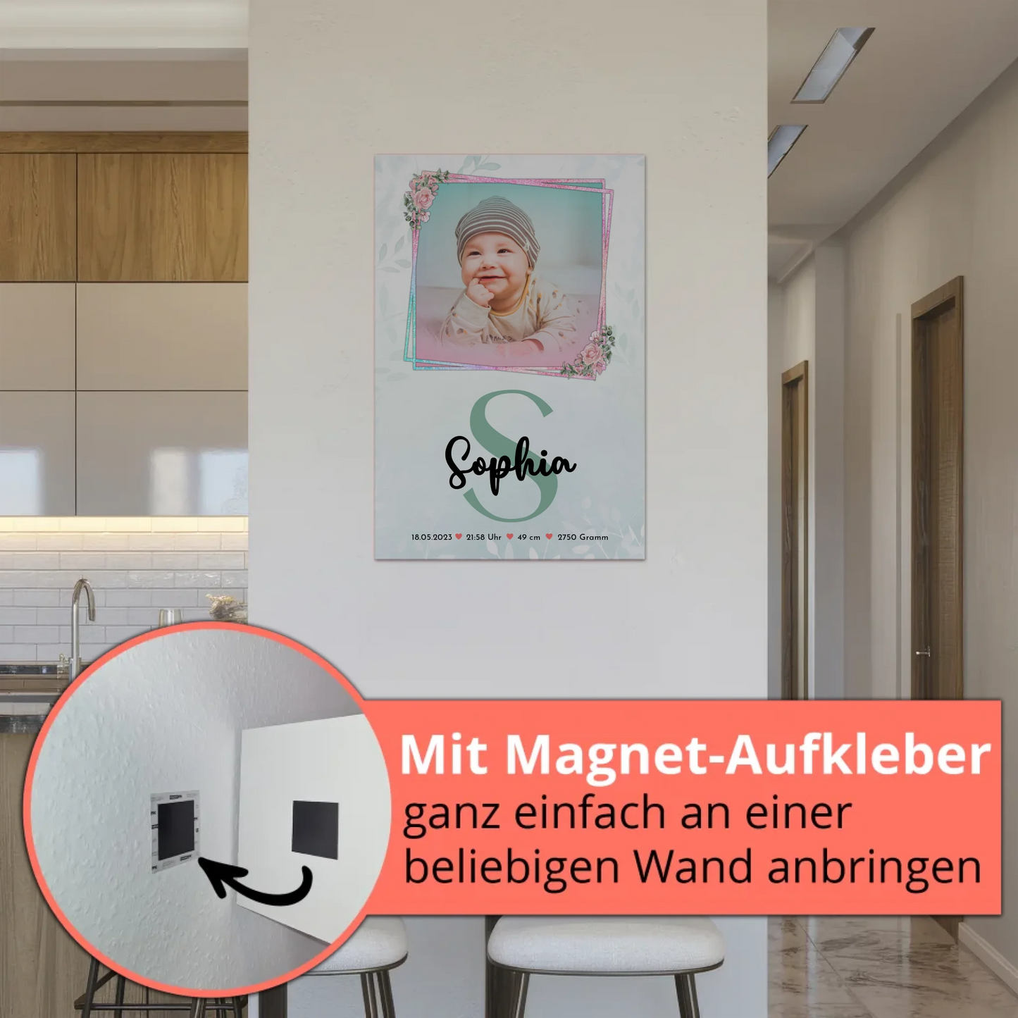 Magnetposter Fotoboard Geburt Baby mit Foto, Name und Geburtsdaten personalisierbar