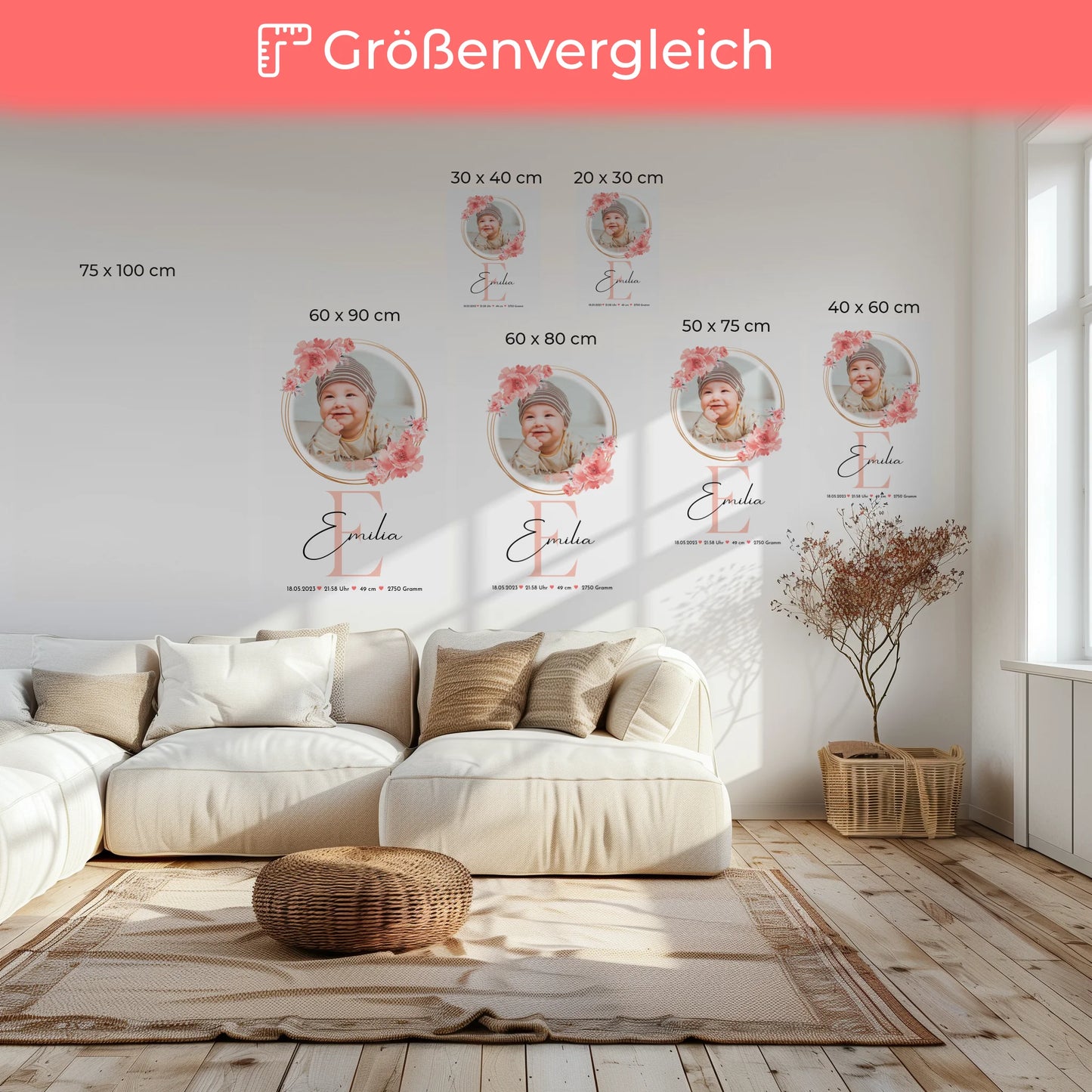 Leinwand Bild zur Geburt Baby mit Foto & Namen, Geburtsdaten