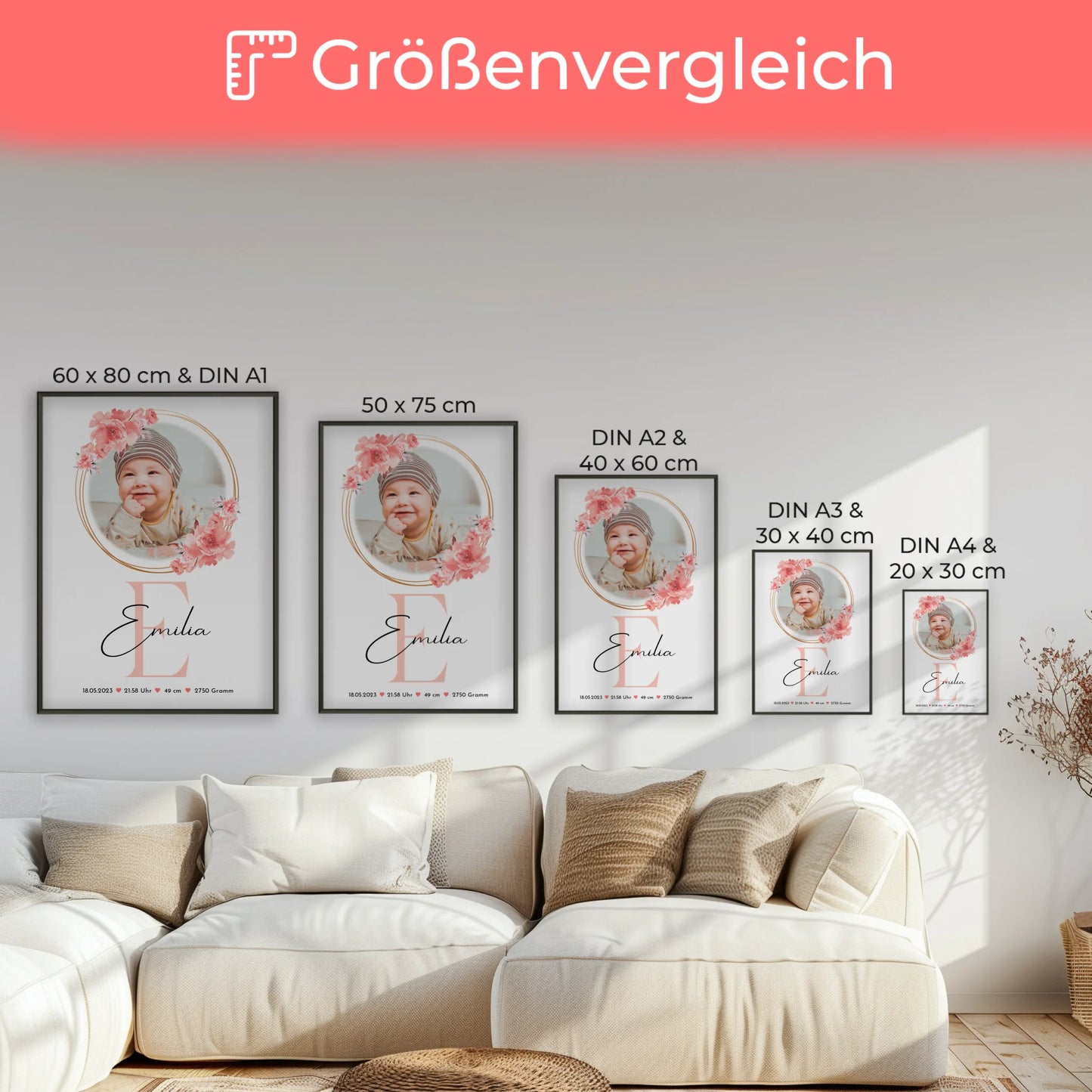 Geburtsdaten Poster Baby mit Foto & Namen - Gewicht Größe Uhrzeit
